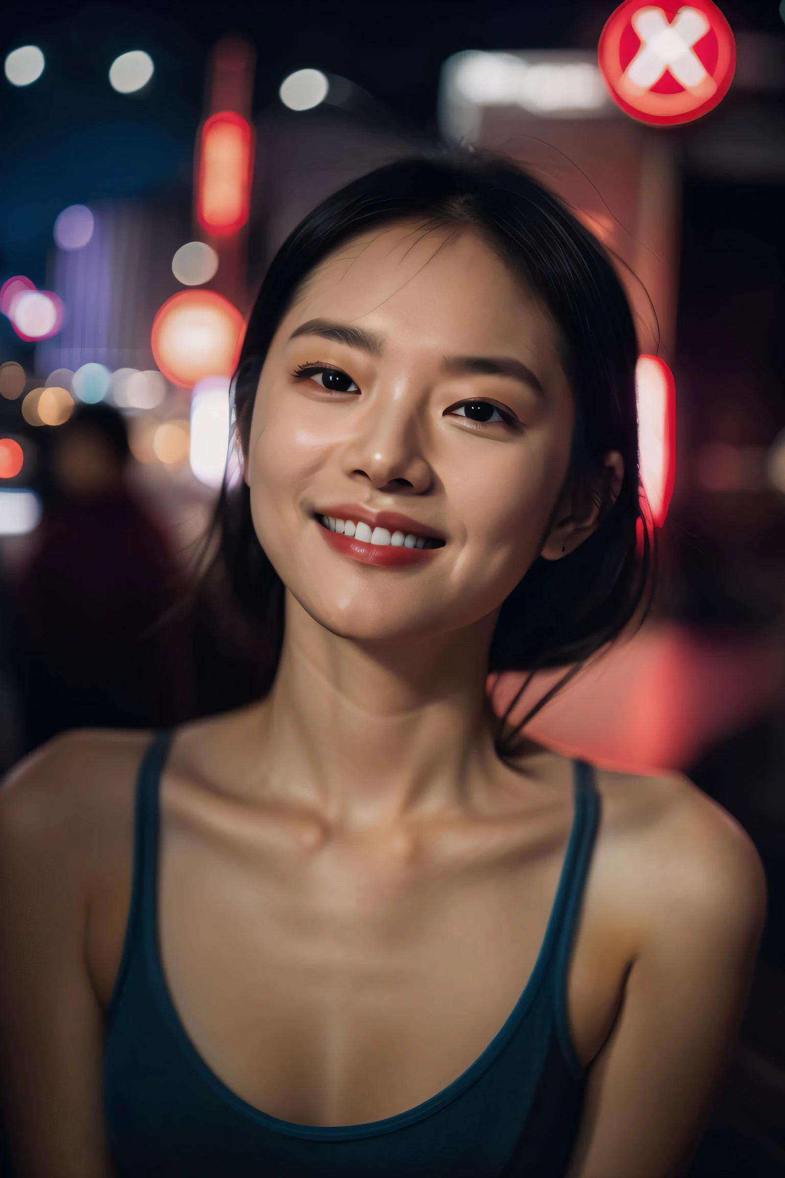 1girl, idol, model, depth of field, photo, film, face, skinny, smile, collarbone, teeth, , camisole, selfie, night,
