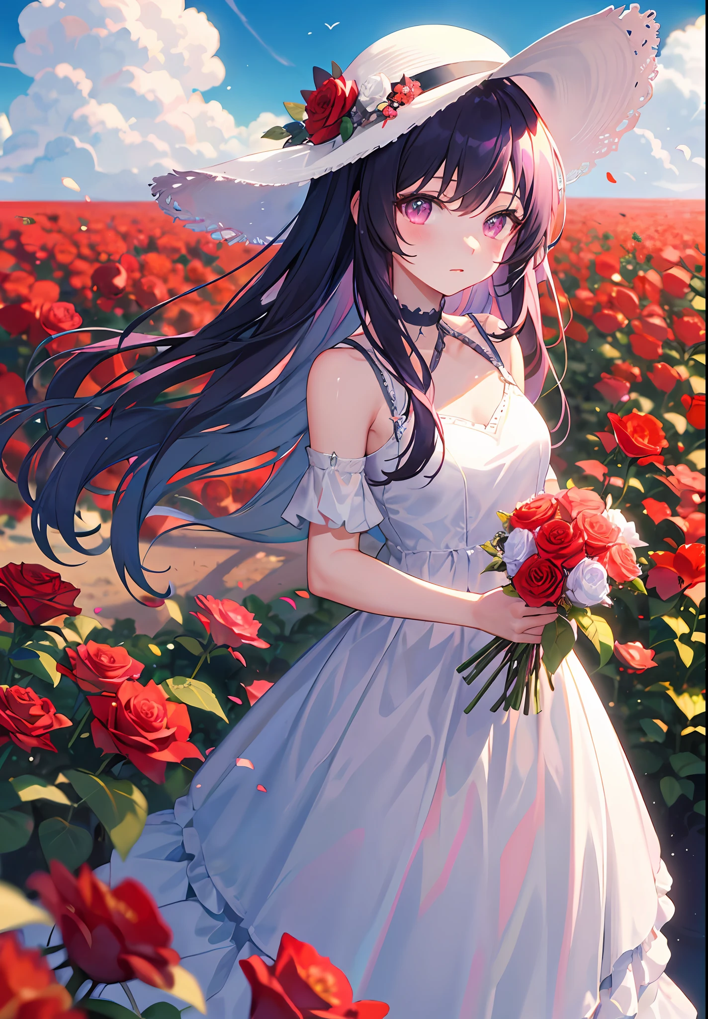 ((Masterpiece, Best quality)), 1girll, flower, Solo, dress, Holding, sky, Cloud, Hat, Outdoors, bangs, Bouquet, Rose, Expressionless, Blush, Purple hair, flower  field, Red flower, Pink eyes, White dress, view the viewer, medium haired, holding flower, Small breasts, Red rose, holding flower bouquet, Sun hat, Black overwear, Depth of field,