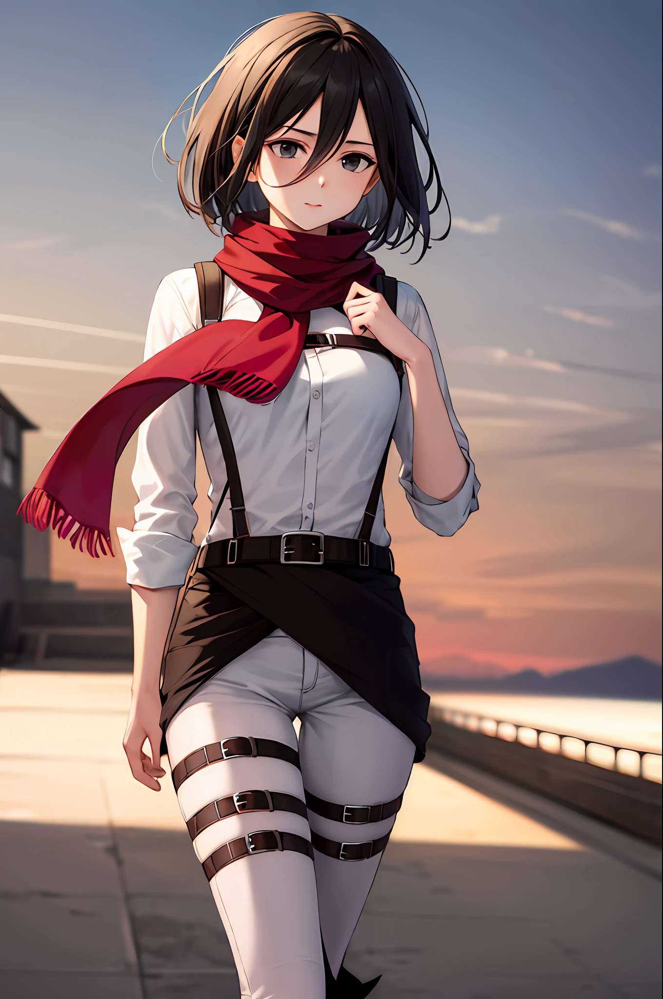 masterpiece, best quality, highres, hmmikasa, short hair, black eyes, scarf, belt, thigh strap, red scarf, white pants, white shirt, outdoors,