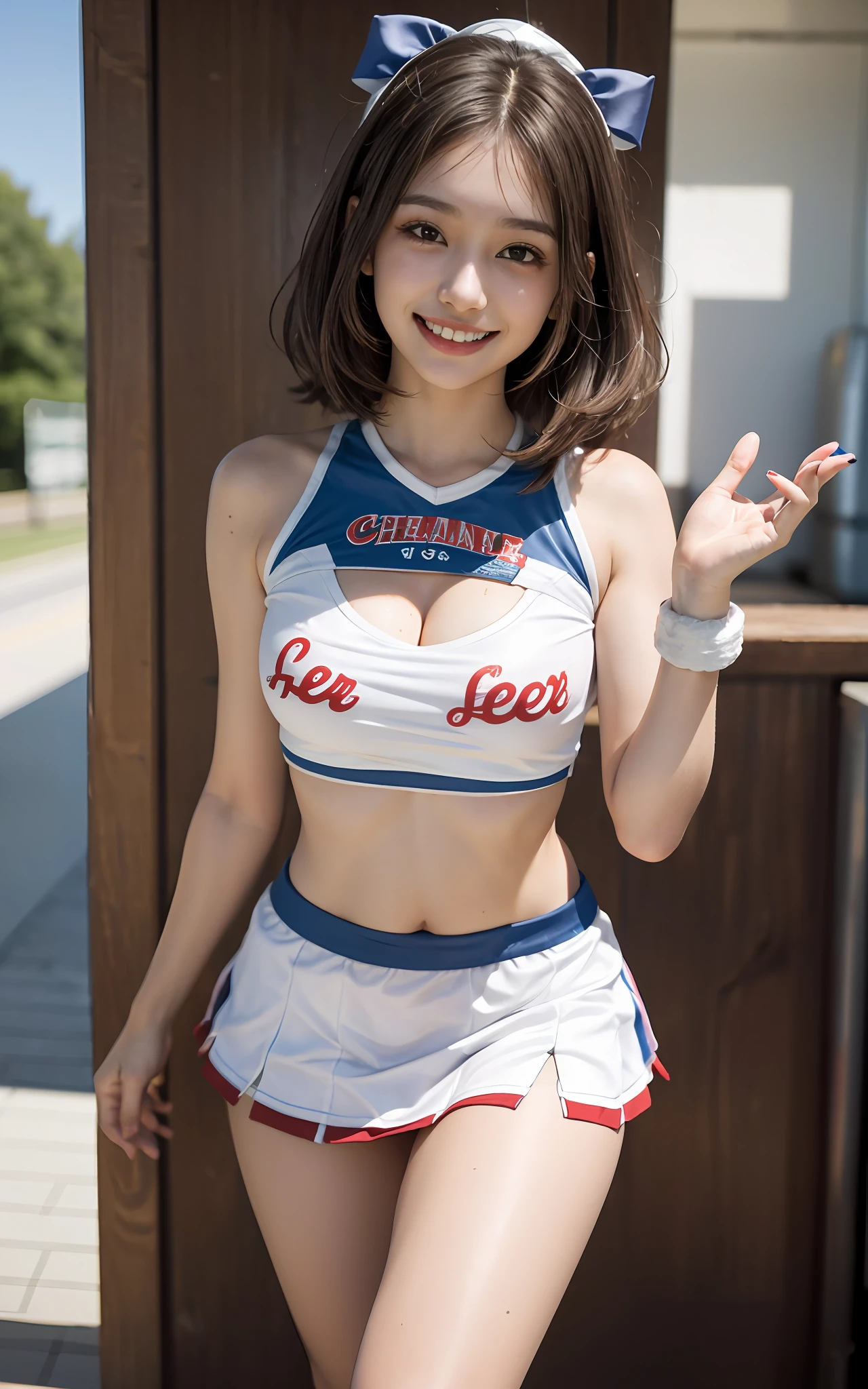 8K raw photos、Beautie:2.0、24 year old、japanes、cute little、cleavage of the breast、((cheer girl:1.5))、a miniskirt、beautiful eyes finely detailed、Eye lashes、((Brown eyes:1.2))、Beautiful double eyelids、eyeshadows、Perfect eye makeup、((A smile:1.6))、Beautiful and thin legs、(chestnut-colored hair)、Medium Hair、fluffy hair、stadio、Daytime、Latina、Photorealsitic:1.9、Sexy navel、Skinny Legs、tthin eyebrows、Tear bag、lofty nose、((Highly sexual))