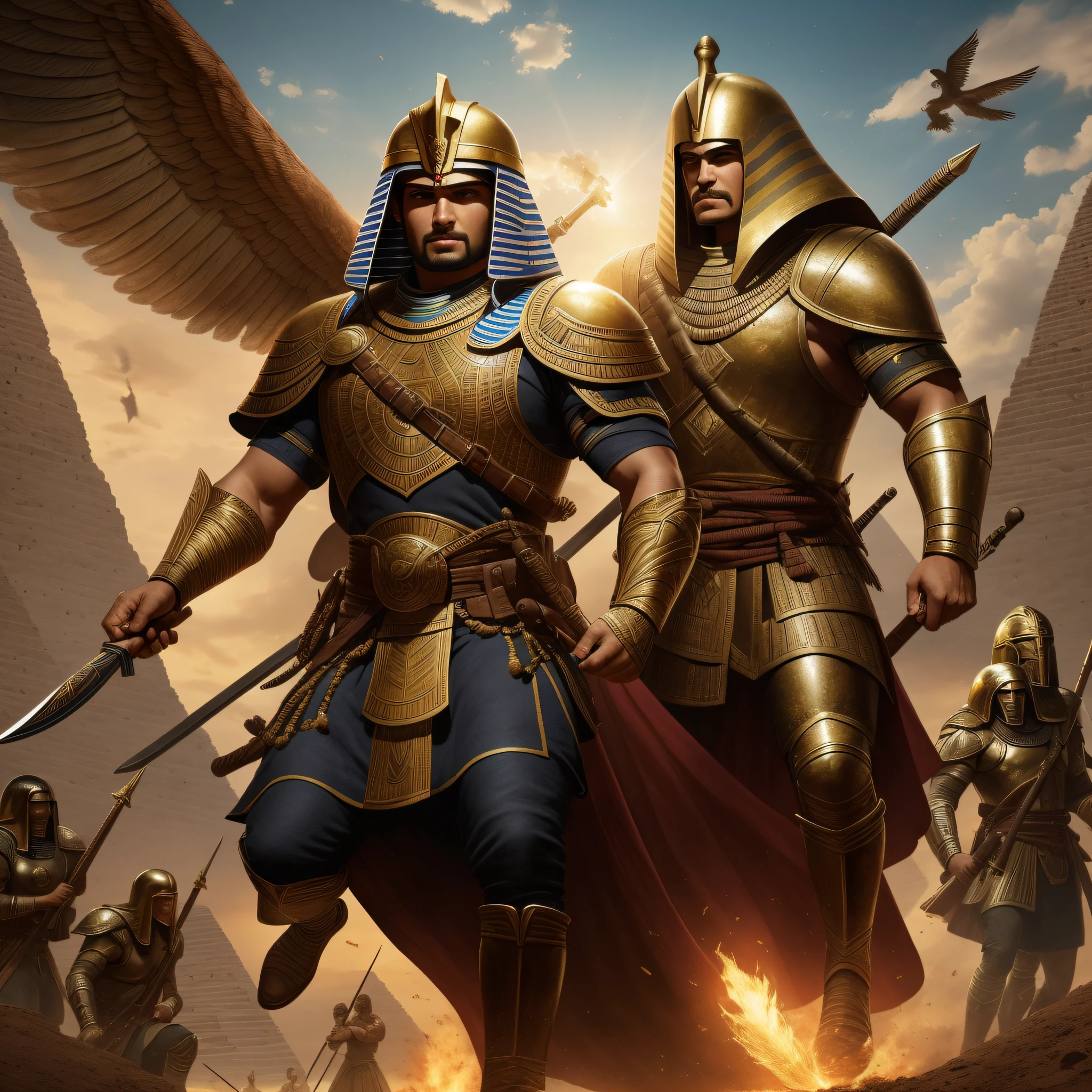 a stunning photo depicting a brave and high-ranking Egyptian warrior. He is an imposing figure, com uma armadura reluzente, adorned with Egyptian symbols and hieroglyphics that tell stories of their conquests. His helmet is adorned with colorful feathers, indicating his prominent position in the army. in her hands, he wields a spear or sword, pronta para a batalha. Ao contemplar a foto, you wonder about this warrior's life, suas habilidades de combate, their exploits and the challenges they face in a world rife with conflict. Write a story that delves into the life of this Egyptian warrior, explorando suas origens, Training and ascension to the highest military echelon. Know your courage and bravery in combat, as well as his tactical strategies and leadership skills that make him an icon of respect and inspiration. Descreva as batalhas em que ele participou, from campaigns against foreign invaders to internal civil wars. Explore the partnerships and alliances he has formed with other notable warriors, bem como suas rivalidades e confrontos. Ademais, Dive into the issues of honor, loyalty and duty that permeate the life of the Egyptian warrior. Unveils its code of conduct and military ethics, as well as its connection to spirituality and belief in Egyptian gods and goddesses. Ao longo da narrativa, Also discuss the impact of your actions on Egyptian society as a whole, highlighting the importance of warriors in defending the kingdom and maintaining stability. Por fim, Explore the complexities and contradictions of the character, revelando suas fraquezas, Moral dilemmas and the personal sacrifices he made on behalf of his people and his country. This epic story will take us deep dive into the world of Egyptian warriors, explorando sua coragem, Strength and humanity.” --auto
