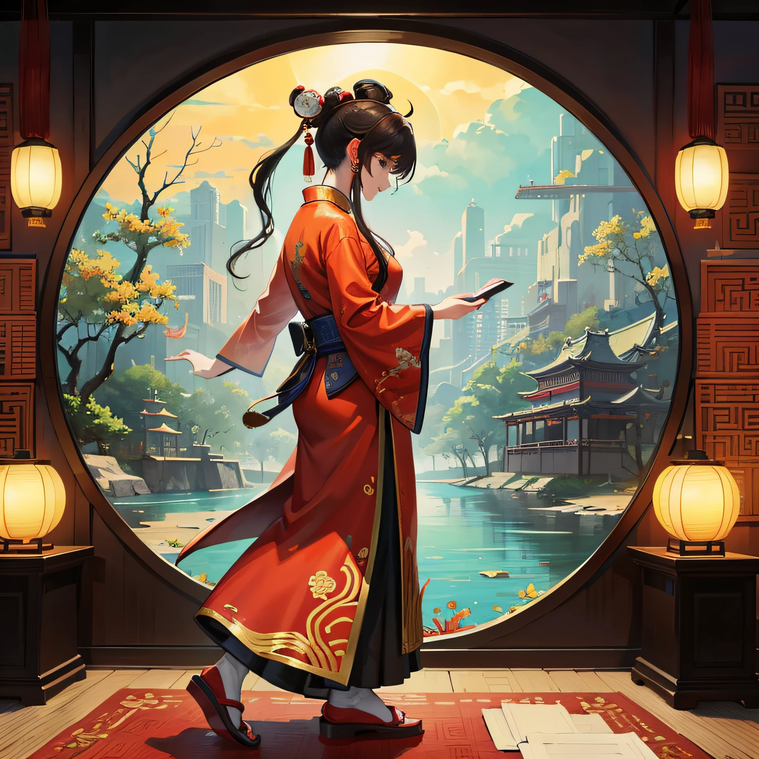 Oriental arch with fan,Chinese style,inspired by Gong Xian,Chinese Simplified,Inspired by East Garden,inspired by Cao Buxing,personal room background,nanquan,traditional chinese textures,beijing,Wang Chen,ancient china art style,inspired by Zhang Zongcang,Cyberpunk China, Beautiful and aesthetic, photography of, cinematic ligh, 8K, high detal