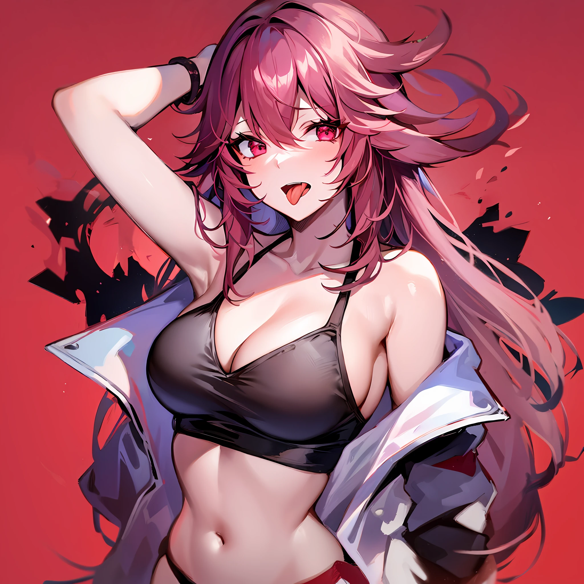 (((1girl))), hands up, long hair, tank-top, jacket, open shoulder, cowboy shot, bikini, medium breast, red background, open mouth, stick out her tongue out at viewers, red eyes, flushed, yae miko
