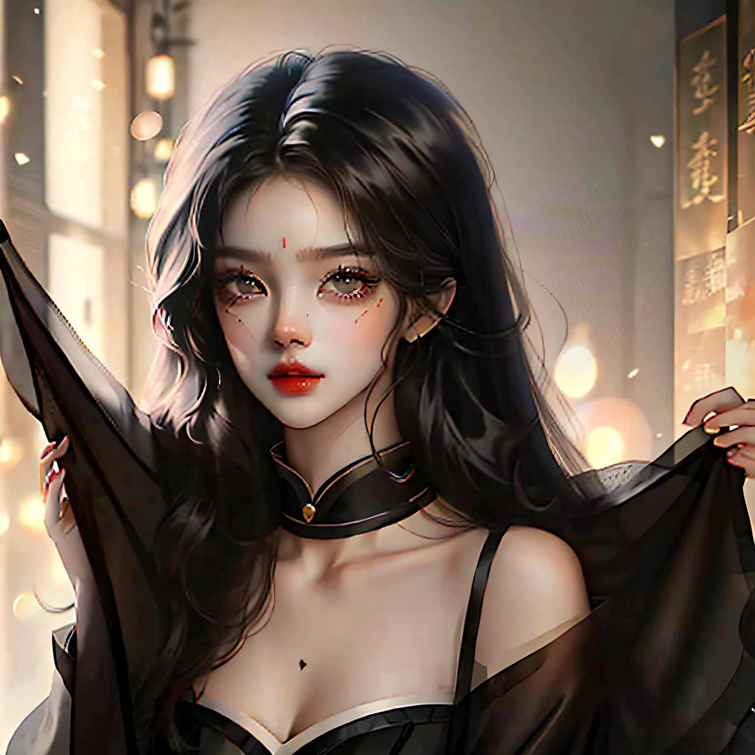 Beautiful real person good skin long black hair long legs black silk big eyes fine face --auto