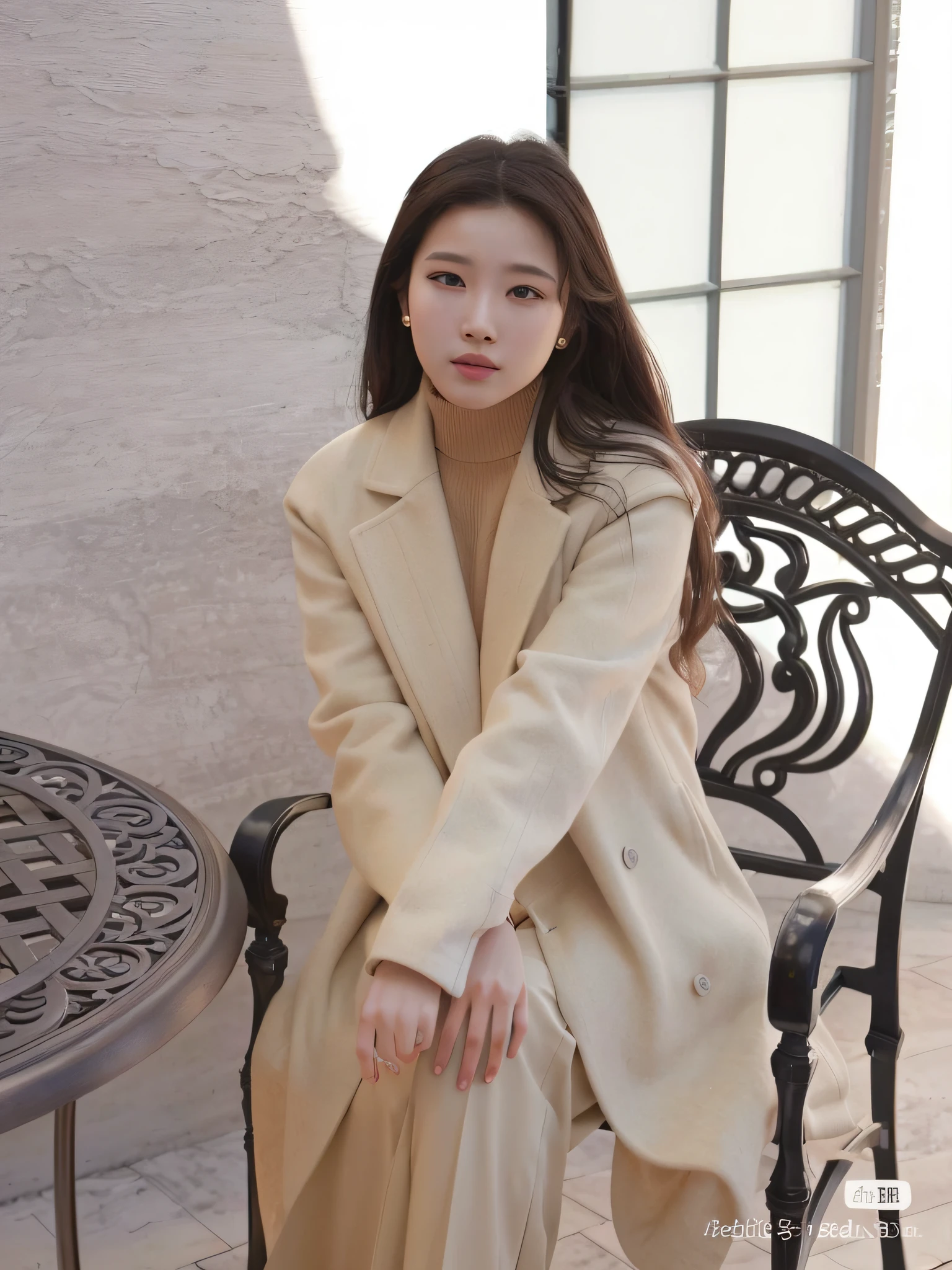 Arad woman sitting in chair in beige coat, light brown coat, korean women's fashion model, wearing a long beige trench coat, Light brown trench coat, trench coat and suit, Coat, Long jacket, bae suzy, Pastel, warm, lee ji eun, Lee Ji-eun, Actress, wearing a long coat, exclusive,Retina screen,Vertical painting shadows,Perspectiva subjetiva,atmospheric distance sense,hyper HD,Textured skin,HighestQuali,high detal,The eyes are bright and alert,Ray traching,Multiple monochromes,Cinematic lighting effects,Smile confidently,Star temperament --auto