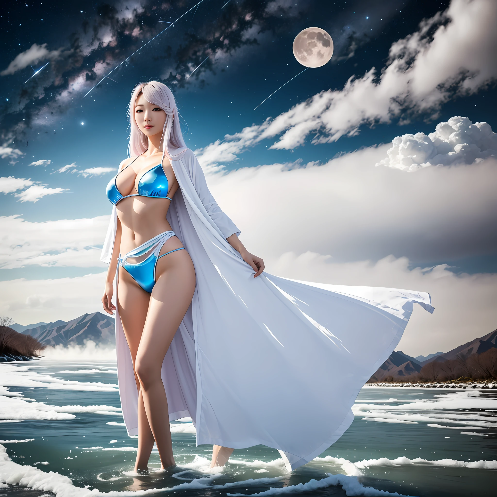 Beautiful and ethereal Lora beauty wearing a flowing and sexy translucent white Chinese robe。The image captures Lora beauty standing gracefully on the water，Behind the Lora beauty is the starry river with a beautiful spectacular scenery, the bright moon with the bright moon shooting star elements, and the stormy clear sky，Under the snowy tops of the distant mountains are the colorful falling cherry blossoms in the blue ice of the Hanhai Sea，Away from the neon boats of the hustle and bustle，These fantastic beauties are presented one by one behind Lora beauty，It is surrounded by white clouds and mist，Adds an otherworldly touch to the scene。Lora's beauty's long white hair and robe were blown up by the wind，It adds movement and fluidity to the picture。Use Midjourney's advanced brush tools to create complex folds and textures on the robes and hair of lora beauty，And experiment with different color palettes and brushstrokes to bring out the ethereal quality of the scene。Lora's K-cup teardrop-shaped giant tit chest makes the  characteristics obvious sexy and tight, the body is beautiful and irritating，The image of Lora's beauty is sometimes obscured by the surrounding mist，It also adds to the beauty of Lora's beauty，Make the scene full of mystery and fascination。Leverage Midjourney's powerful tools，You can bring this captivating and ethereal scene to life with incredible detail and beauty。 hdr，（真实感，Masterpiece quality，best qualtiy），，pureerosface_v1，ulzzang-6500-v1.1