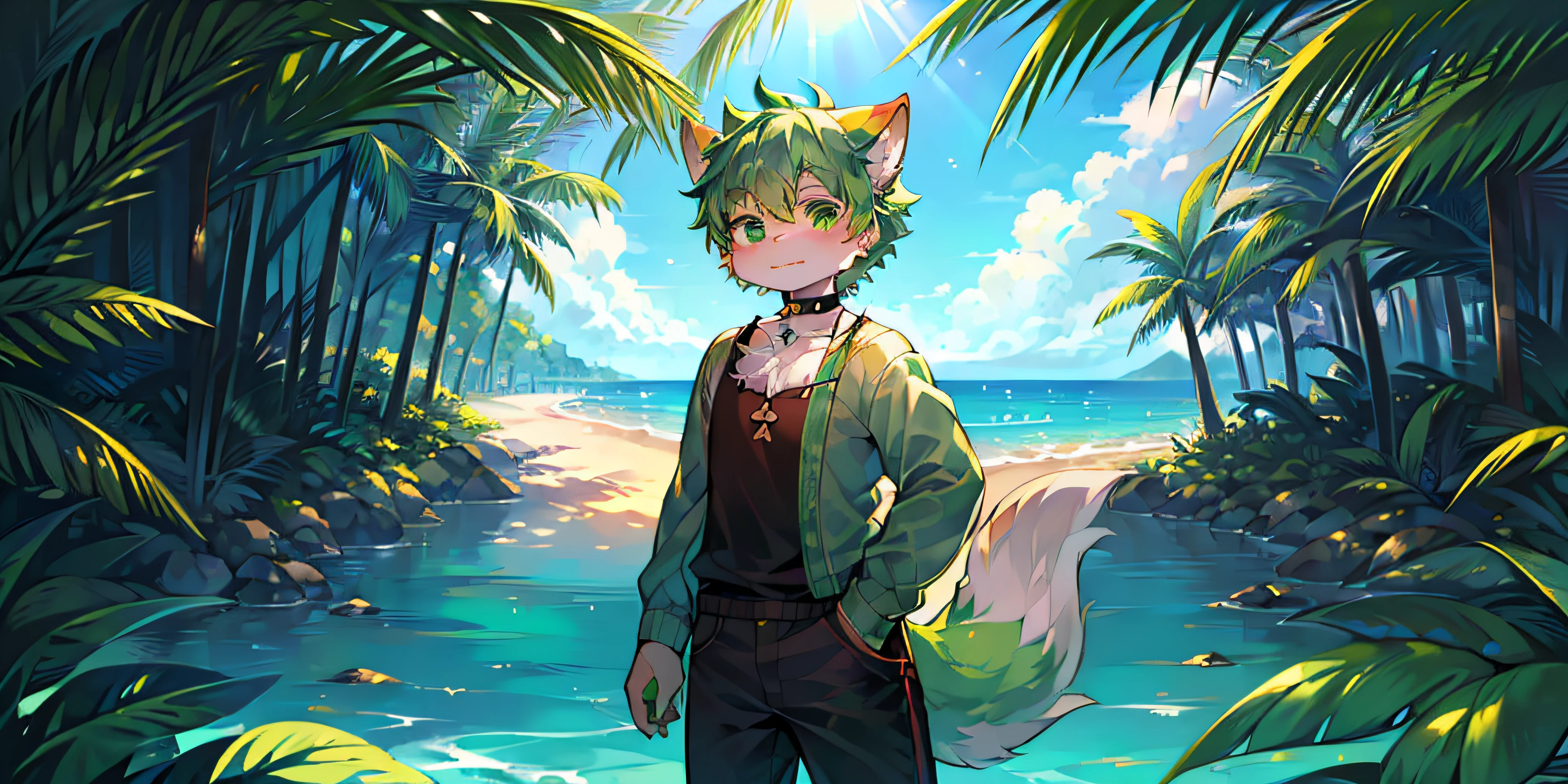 (Bright environment、warm color:1.5),masterpiece,high quality,abstract res,digital painting\(artwork\), by dagasi, yupa,kiyosan,(anthro,fluffy fur,character focus:1.1),anthro male cat,short hair,portrait , eyes with brightness, in a panoramic view, Character focus.(detailedbackground:0.8),Alone,shaggy, shaggy male, malefocus, anthr,(Full Body Furry, Fluffy tail, Dark green fur, Light green eyes, Dark green hair、Dark green feet with hair:1.3), (long canines、white short sleeve、shorter pants、choker necklace:1.3),(the sea、sandbeach、swell sea、coconut palms、Daytime morning、rays of sunshine、Cool light and shadow:1.2)