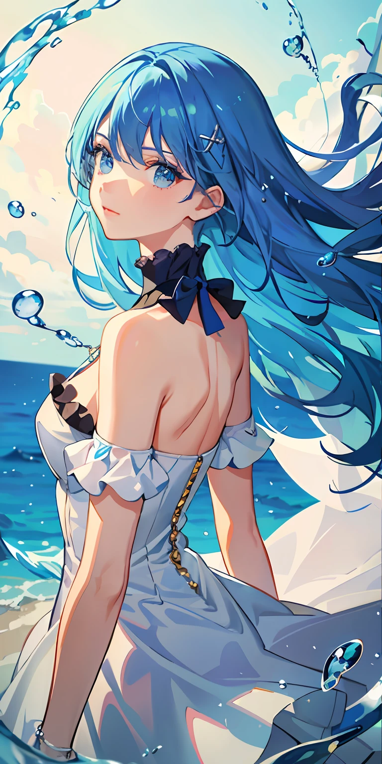 (​masterpiece)、(top-quality)、(ultra-detailliert)、(dishevled hair)、(illustratio)、(1girl in)、(Fashionable clothes)、is standing、Fashion Model、Look back、(interview)、(Brief background)、Beautiful detailed eyes、Delicate beautiful face、floating、(High color saturation)、(colorful water splash)、colorful bubble、(shine)、Focus on Face、Light hair color、Light blue hair color