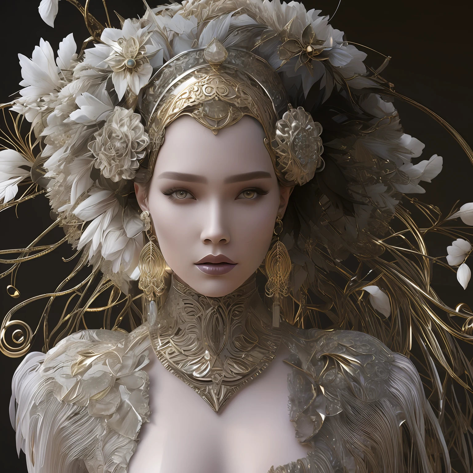 Complex 3d rendering of beautiful and charming biomechanical woman,Seductive eyes,Has a porcelain finish、the mock turtle、Beautiful natural light、rim-light、1 5 0 mm lens、Pedras preciosas,nipple piercing、Aztec tattoo、Vanilla leaves and stems、Meandering roots、white blossoms、Fine-leaved lace、steampunc、Silver-gold filigree detailing、Gemstone earrings、pendant,in art nouveau style、Hexagonal network cable、Mandelbro fractal、face muscles、cable wires、microchips、gracefully、Beautiful natural light, Studio lights, rim-light, abundantly detailed, hyper realist, Sharp, rendering by octane, HR Giger style, Volumetriclighting, 8 k post - production