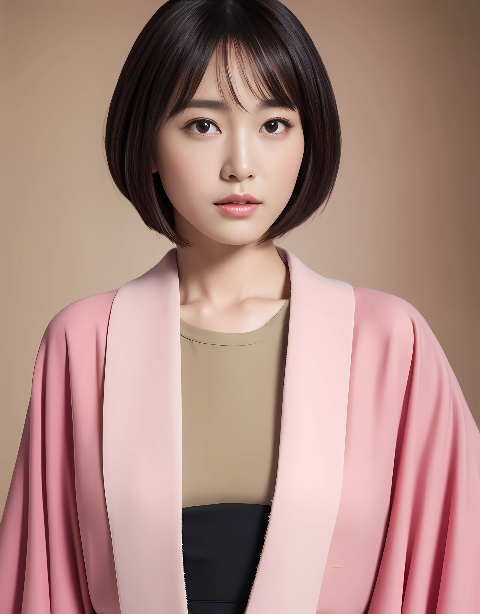 A Japanese female model with petite characteristics, Light olive skin, Dark almond eyes, black bob haircut, dressed in a pink kimono. (8K, Best quality : 1.2), (Masterpiece, Photorealistic : 1.3), Super detail, Anatomically correct