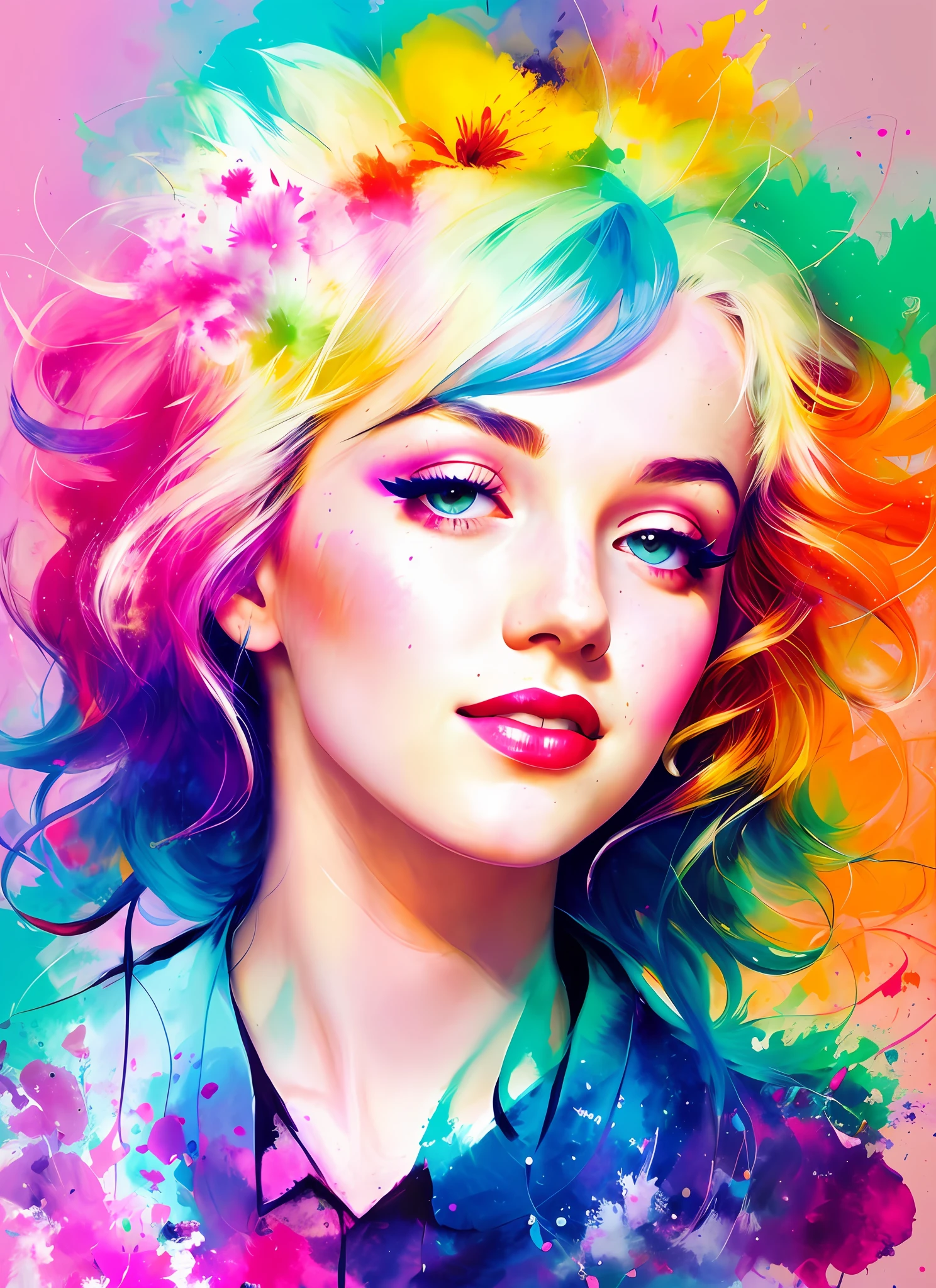 a painting by mse Marilyn Monroe by agnes cecile,1 girl, solo, luminous design, pastel colours, mute color,  ink drips, autumn lights, Create a digital art work in pop art style, featureing a vibrant and confident woman with bold makeup and colorfull fashion, cover with flowers on hair, cinematic color scheme, surrounded by abstract flower patterns,flowers backgroung, energtic brush strokes, the mood should be dynamic.