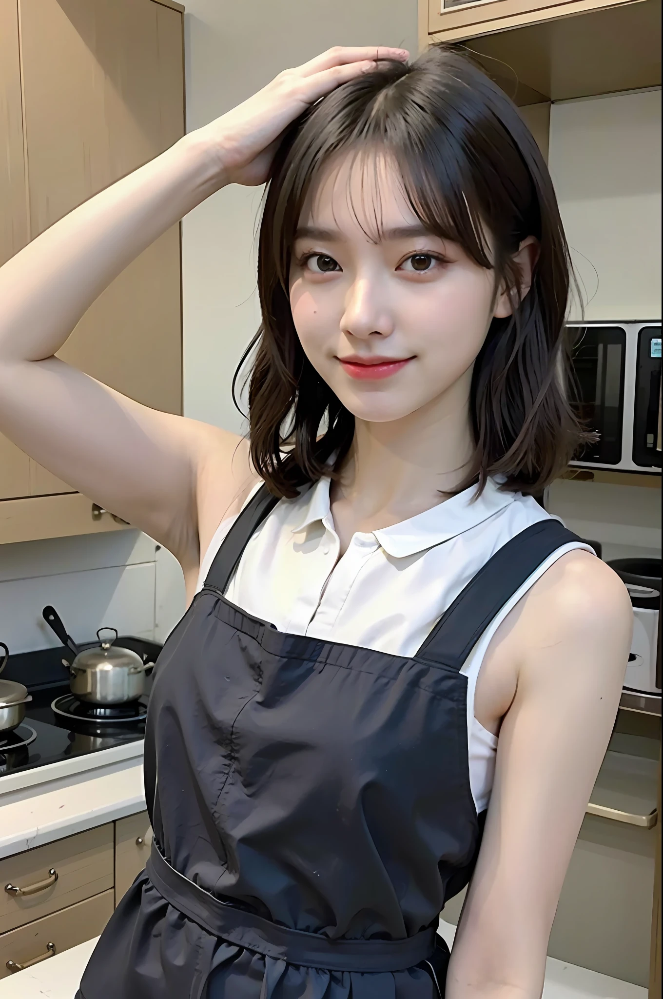 a woman is cooking、(kitchin_Apron:1.Wear 3)、Good Hand、4K、hight resolution、​masterpiece、top-quality、Cap:1.3、((Hasselblad photo))、Fine skin、foco nítido、(lighting like a movie)、Soft lighting、dynamic ungle、[:(详细的脸:1.2):0.2]、Medium chest、sweats streamed skin:1.2、(((In the kitchen))) Cute smile　Viewer's Perspective　Colossal tits　Tying hair　Sleeveless　Put out your upper arm　Shoulders are sticking out　Cleanliness　a smile