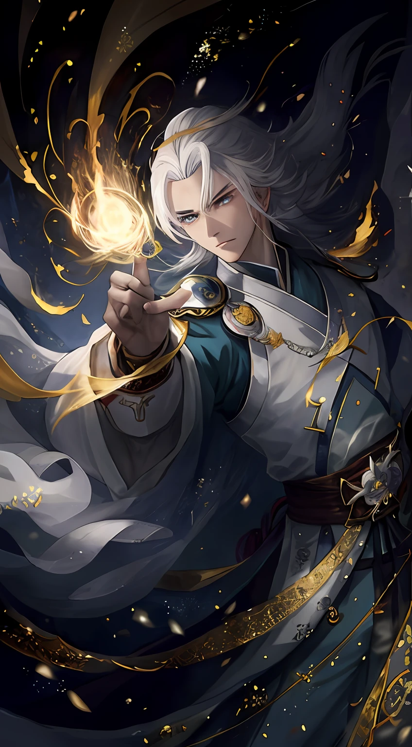 Anime, Anime, fantasy, Girl, White hair, Blue eyes, White hair, White hair, Blonde, White hair, Black hair, White hair, White, heise jinyao, by Yang J, drak, holy fire spell art, inspired by Yang Jin, Inspired by Huang Shen, Keqing from Genshin Impact, Beautiful celestial mage, white-haired god --auto