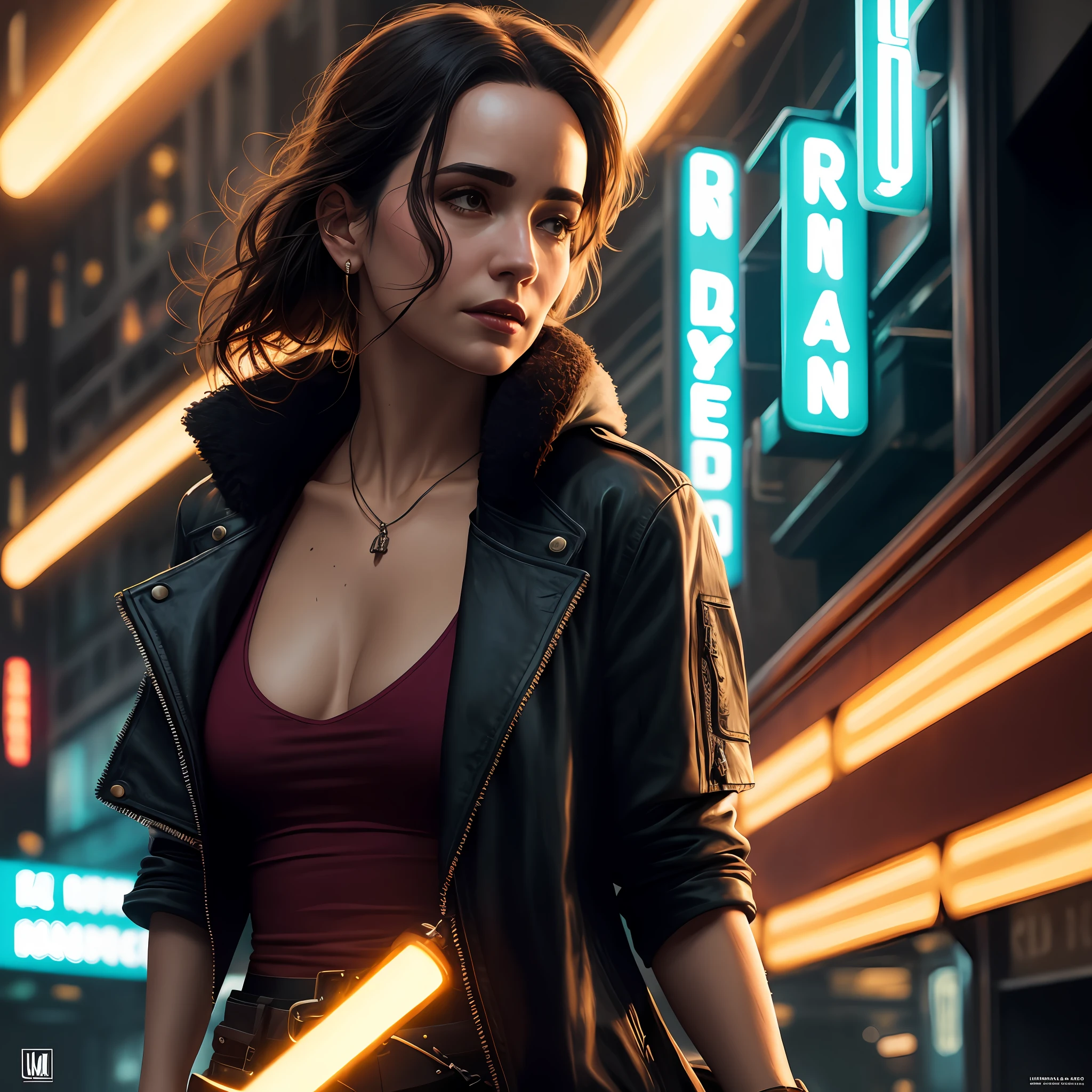 Close-up, neve, blade runner aesthetics, Jantar Blade Runner, uma supermodelo jennifer connelly muito bonita, com roupas cyberpunk em uma cidade cyberpunk movimentada com placas de neon, neon lights, foco nítido, Studio photo, detalhes intrincados, altamente detalhado, profundidade de campo, foco nítido, High detail, textura de pele realista, Realistic, fotorrealista, Arte Digital, tinta escura, Directed by: Greg Rutkowski