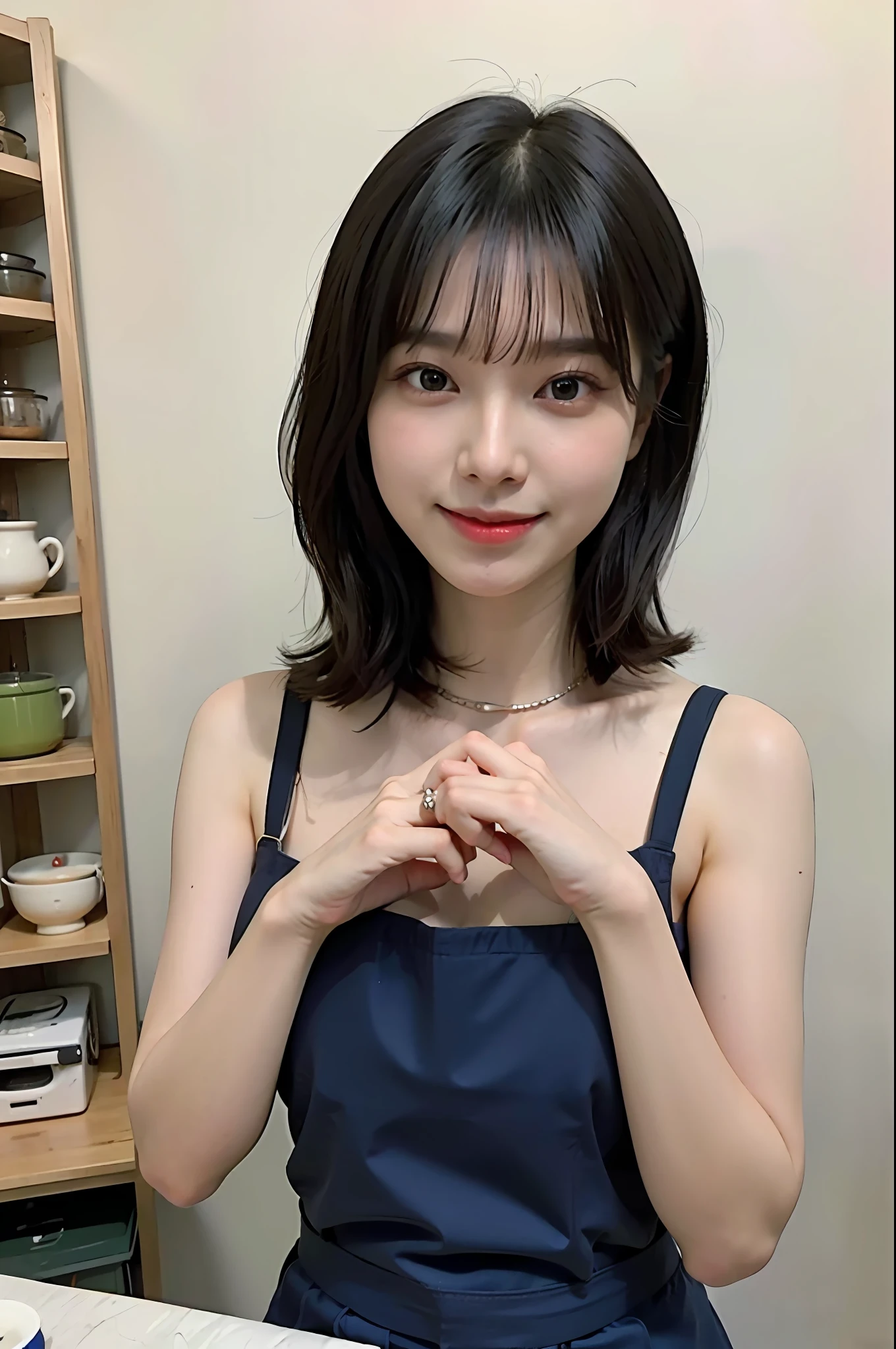 a woman is cooking、(kitchin_Apron:1.Wear 3)、Good Hand、4K、hight resolution、​masterpiece、top-quality、Cap:1.3、((Hasselblad photo))、Fine skin、foco nítido、(lighting like a movie)、Soft lighting、dynamic ungle、[:(详细的脸:1.2):0.2]、Medium chest、sweats streamed skin:1.2、(((In the kitchen))) Cute smile　Viewer's Perspective　Colossal tits　Tying hair　Sleeveless　Put out your upper arm　Shoulders are sticking out　Cleanliness　a smile