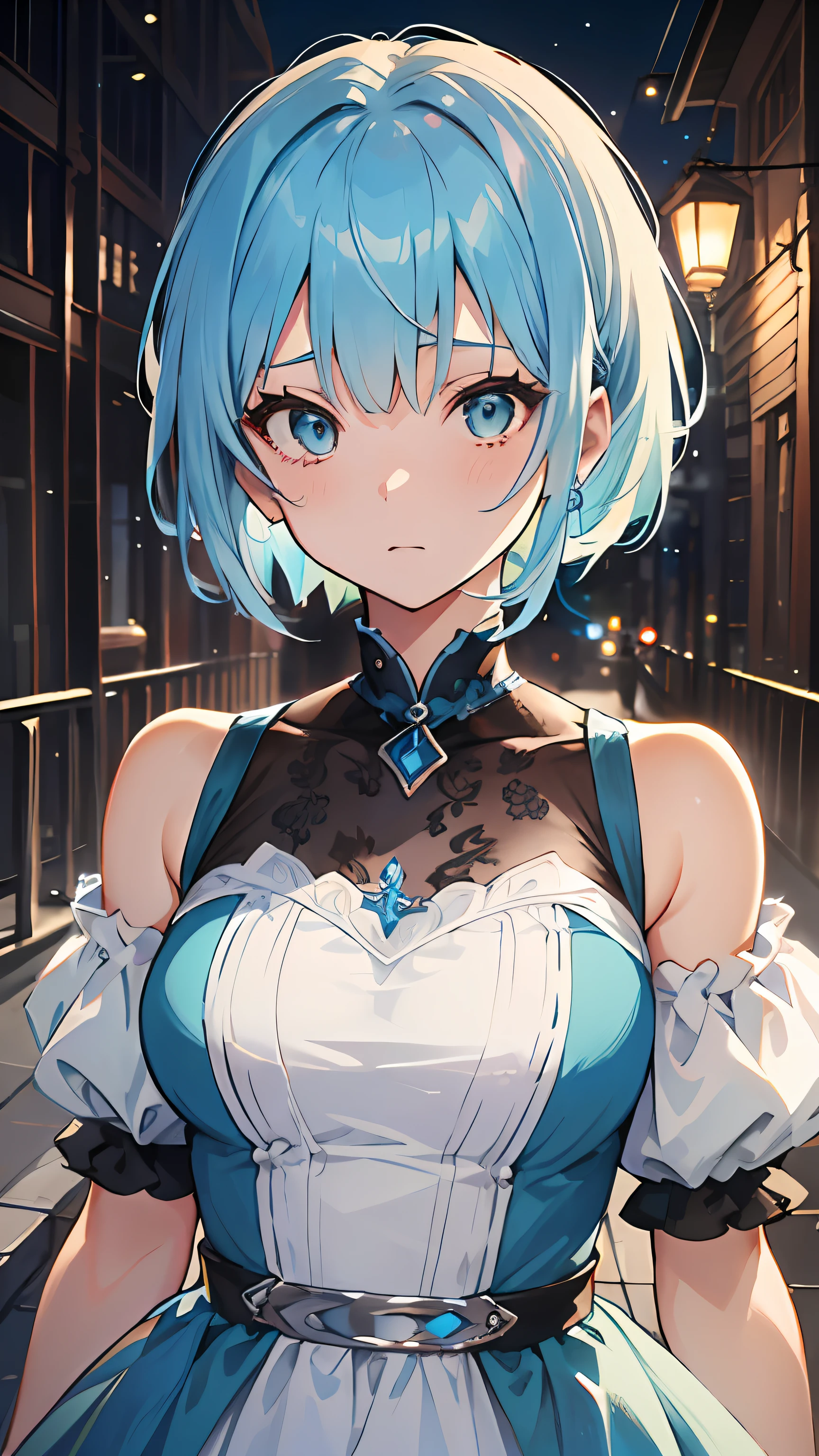 ((masutepiece)), ((Best quality)), 8K, detaileds, Ultra-detailed, Detailed and Intricicated, 1girl in, lightblue hair, bob-cut, wonderful dress, Stare at me shyly,