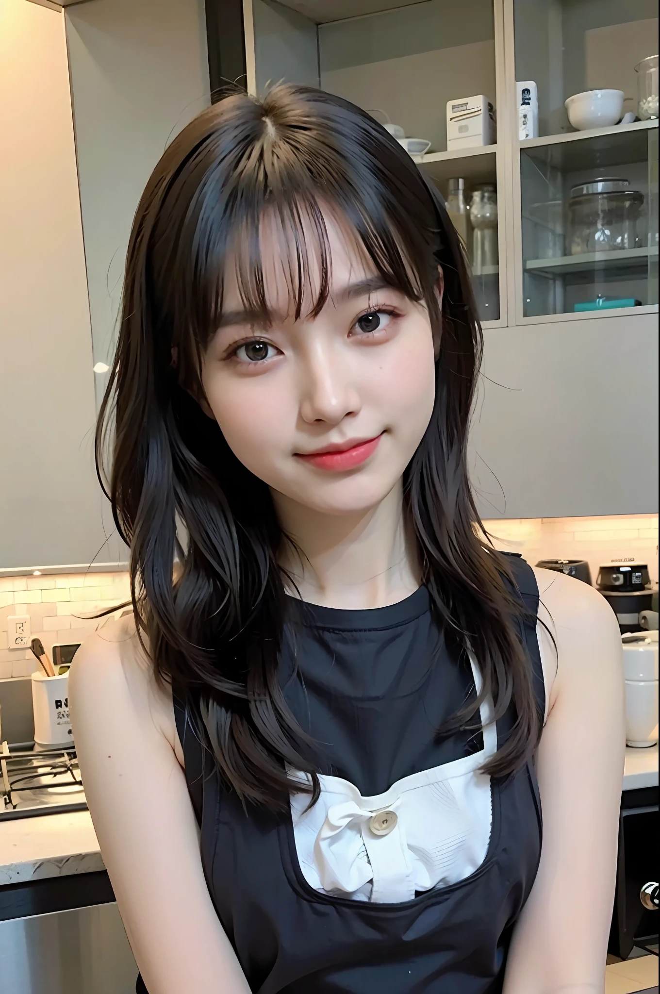 a woman is cooking、(kitchin_Apron:1.Wear 3)、Good Hand、4K、hight resolution、​masterpiece、top-quality、Cap:1.3、((Hasselblad photo))、Fine skin、foco nítido、(lighting like a movie)、Soft lighting、dynamic ungle、[:(详细的脸:1.2):0.2]、Medium chest、sweats streamed skin:1.2、(((In the kitchen))) Cute smile　Viewer's Perspective　Colossal tits　Tying hair　Sleeveless　Put out your upper arm　Shoulders are sticking out　Cleanliness　a smile