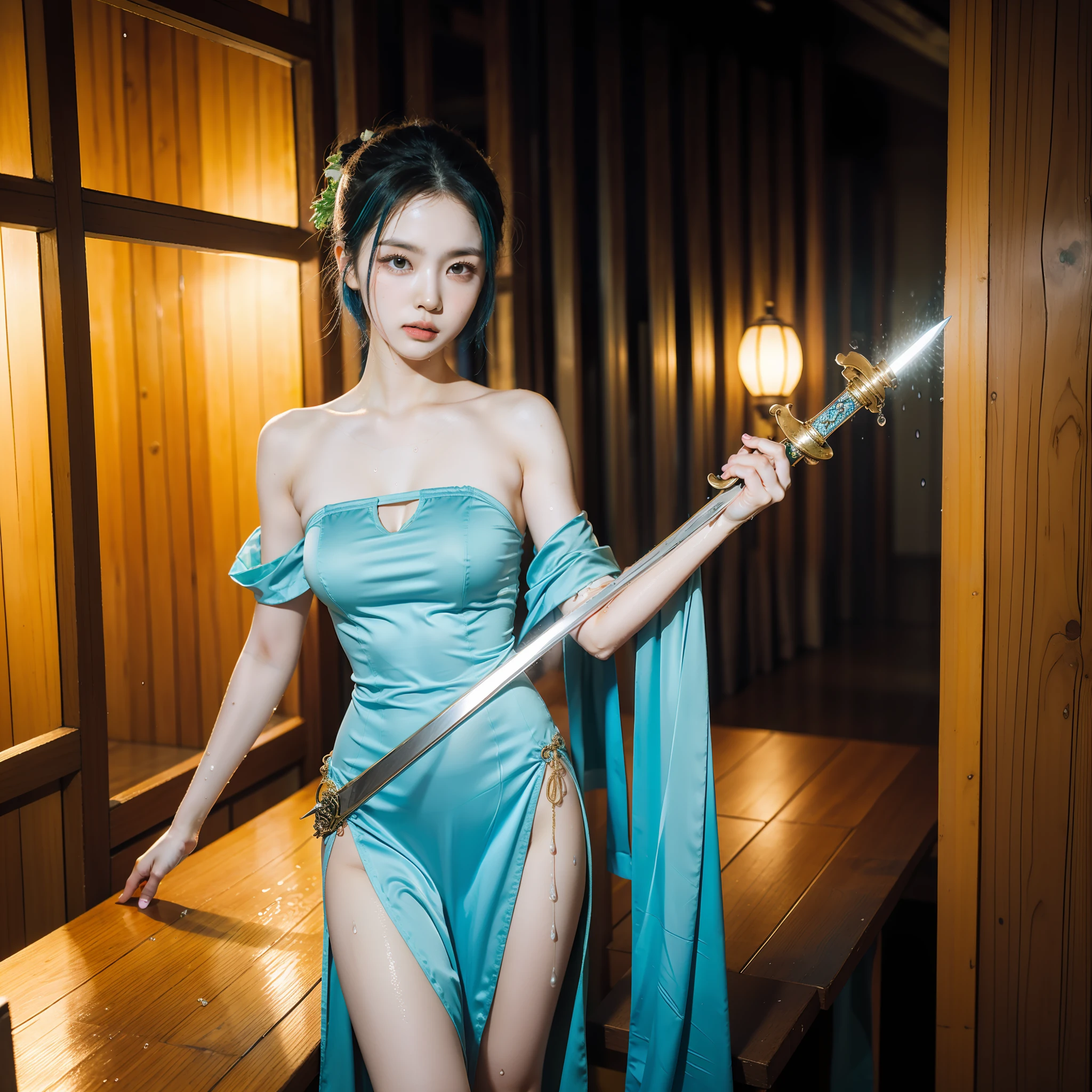 bluer hair:1.2,Short hair,femele,Ancient Chinese street scene,Rainy days,Blue cheongsam tight one-piece slit,Broad bare breasts,The skirts parted,Satin,Full-body image,Wet dripping,Holding a green dragon sword in his hand,The sword body is bubbling with cold light,Facial moisture,Expose the collarbone
