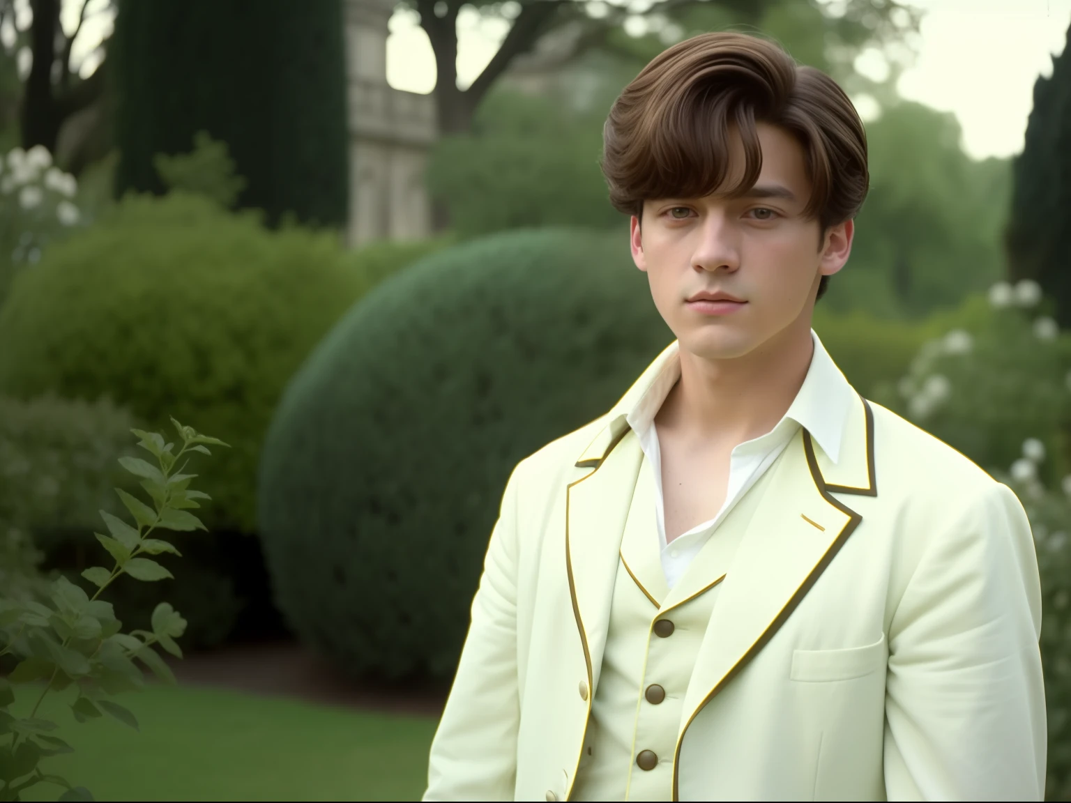 close up, the 90s movie scene, a young man standing in a garden in regency period, a scene movie shot by Chen jiru, featured on tumblr, aestheticism, history movie, handsome, movie still, 1990s, look like jeon jungkook, film grain, fashion in the 17th century, background in the 18th cenutry