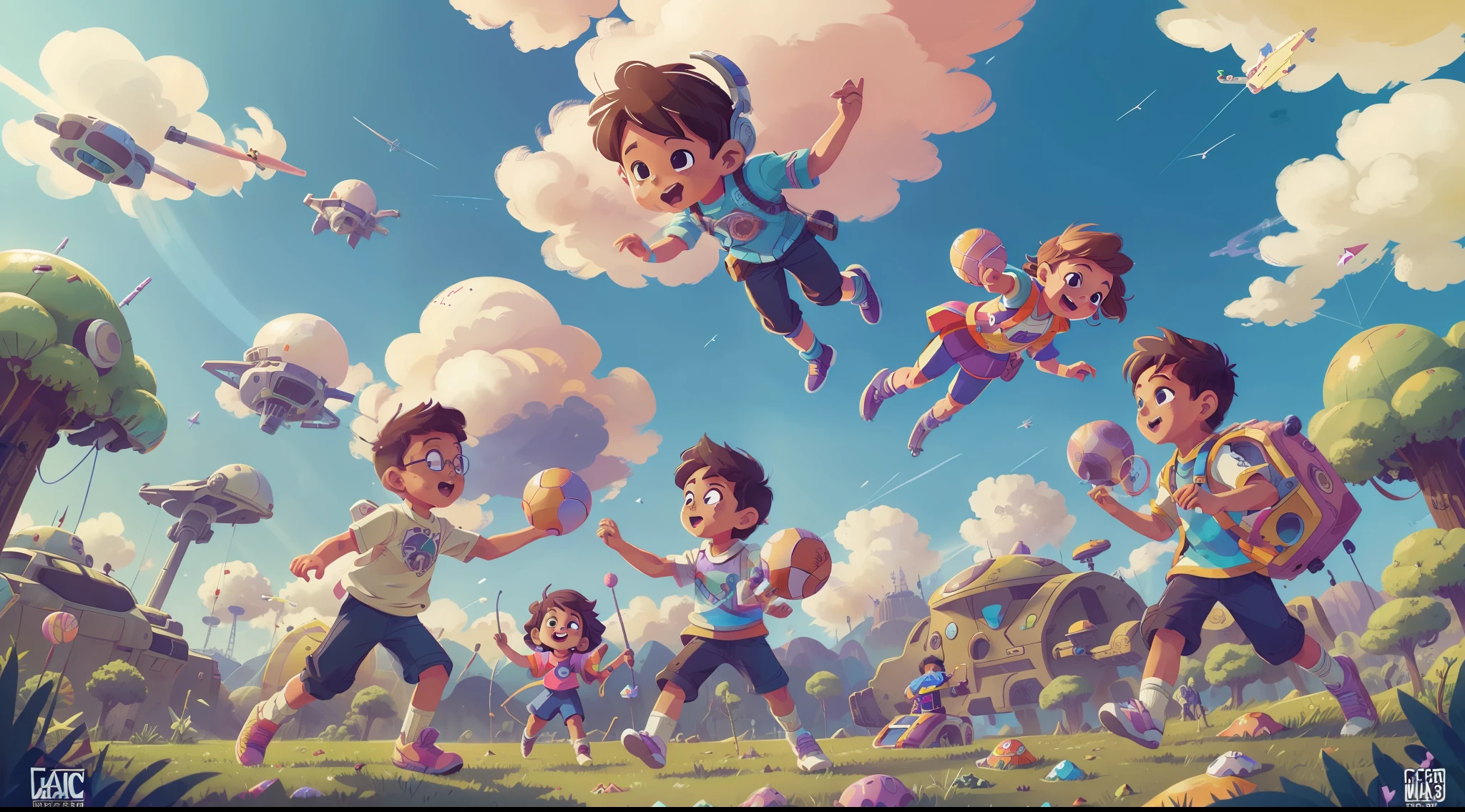 boy's and girl's playing ball in the candy-like clouds, (epic sci-fi fantasy:1.2), (colorful illustrations:1.4), magazine illustrations, (dynamic pose), detailed, intricate, beautiful, gorgeous stunning, cinematic, epic