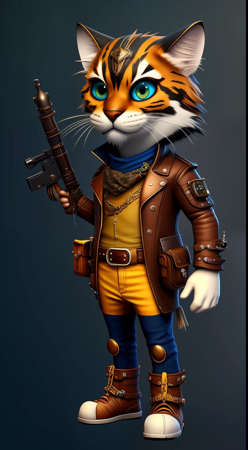 Fantz cartoon (creature:0.5)|(tiger:0.5) design, ultra detailed, random colors, steampunk, and punk costume,happy,background easy to remove font
