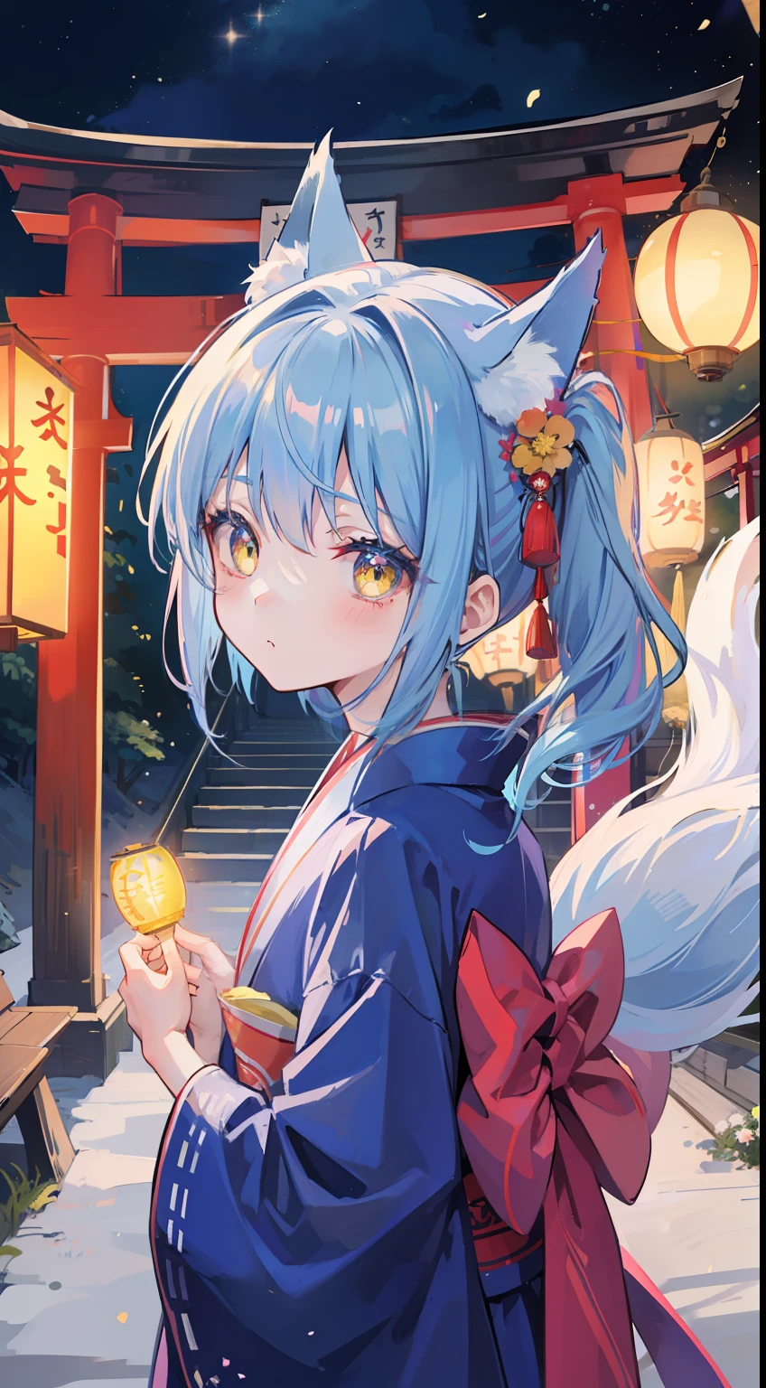 One girl、ghosts、Blue-haired、poneyTail、Fox face、Kimono Dresses、frilld、Ribbon Band、​masterpiece、top-quality、Top image quality、cute little、Yellow eyes、paper lanterns、（（（natta）））、torii gate、shrines、lantern