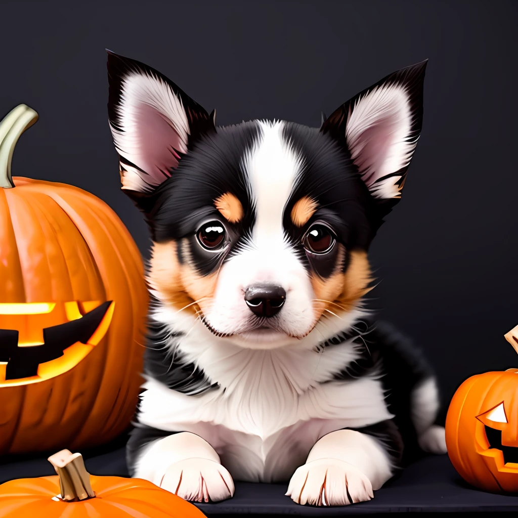 festividad de Halloween, Cute puppy Cinematic dog Real V3.0 con cabello largo salpicado de colores y una sonrisa bonita ultra realista, mirada estilo wondermix real v3.0,
Cuerpo completo, escena Fotorealista, Halloween Background Real Photo Style