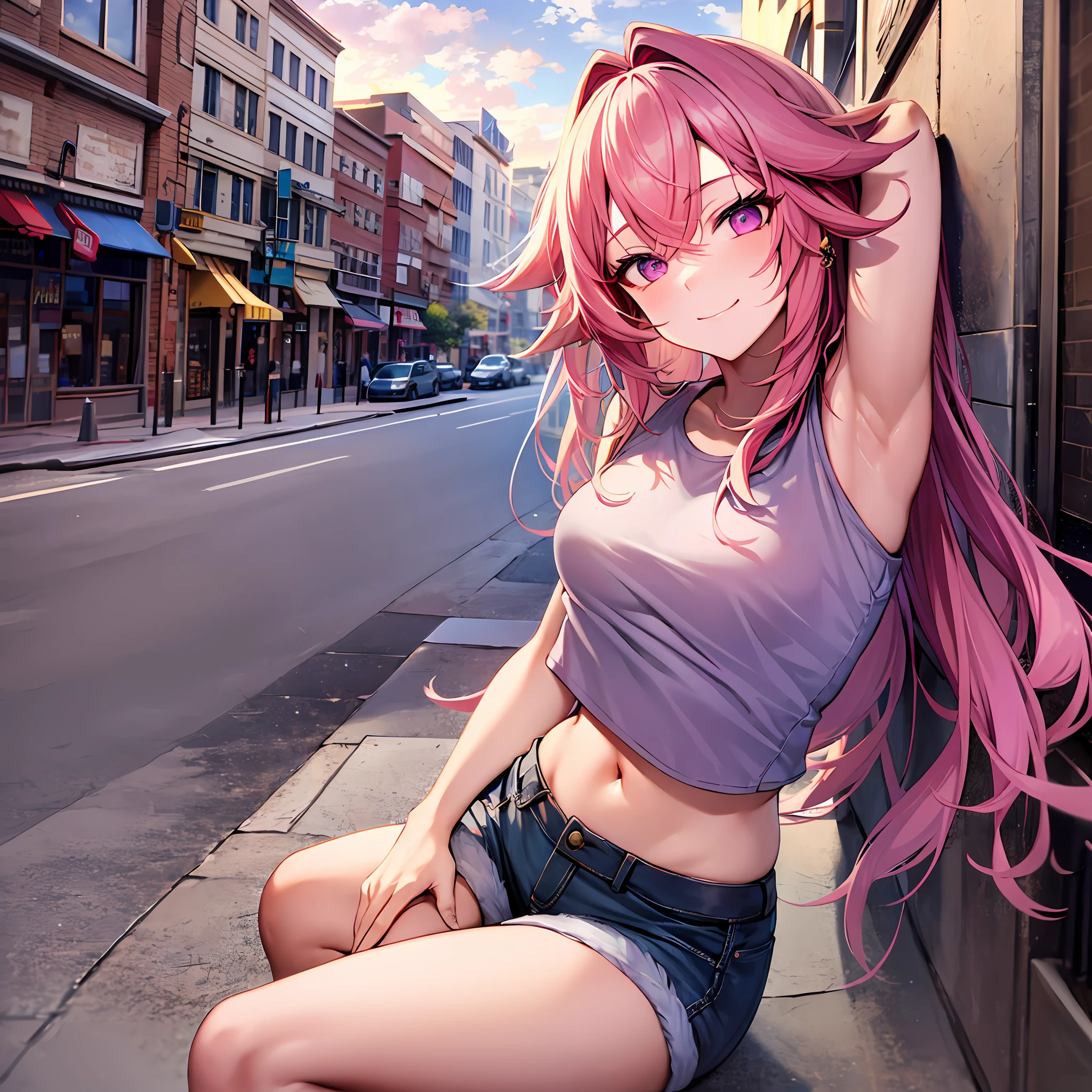 masterpiece, best quality, ultra-detailed), yaemiko \(genshin impact\), (pink hair), swept bangs, braid, braided bangs, purple eyes, pink eyes,
(wearing a t-shirt:1.2), sitting on a chair outside of caf, embracing the natural beauty, sunlight, beautiful cloudy sky, city, street, denim shorts, black stocking,
medium breasts, thick thighs, critical angle, cowboy shot, arm behind head, arm behind back, armpits, light smile, crop top, strong and seductive expressions