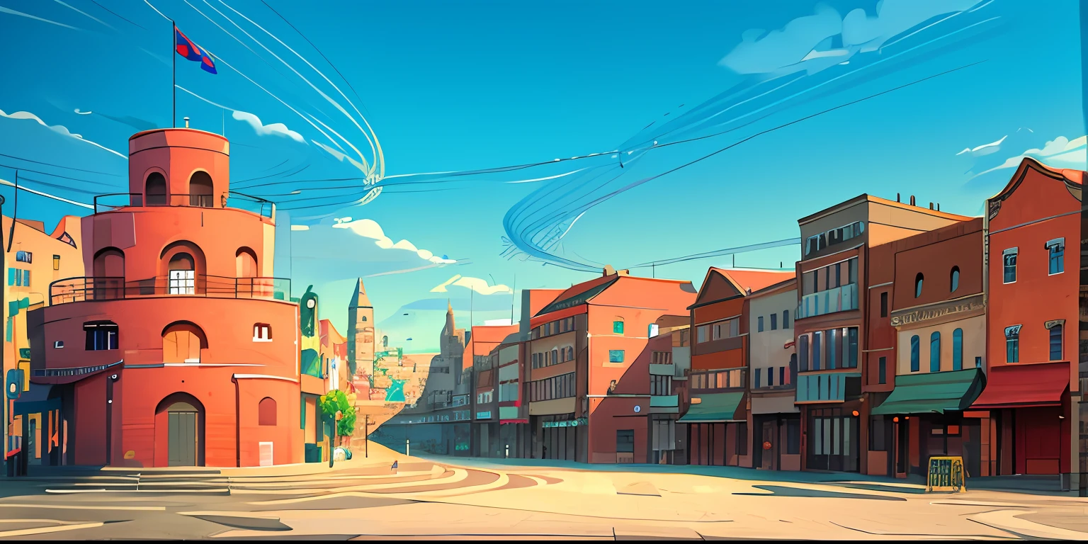 In a city with flags Hand drawn animation, Anime City, arte de fundo, sketched 4k, wide establishing shot, hand-drawn animation, town center background, town background, random background scene, stylized linework, Street background, Simple line art, colorkey scene, 2d game lineart behance hd,borgar,European-style architecture