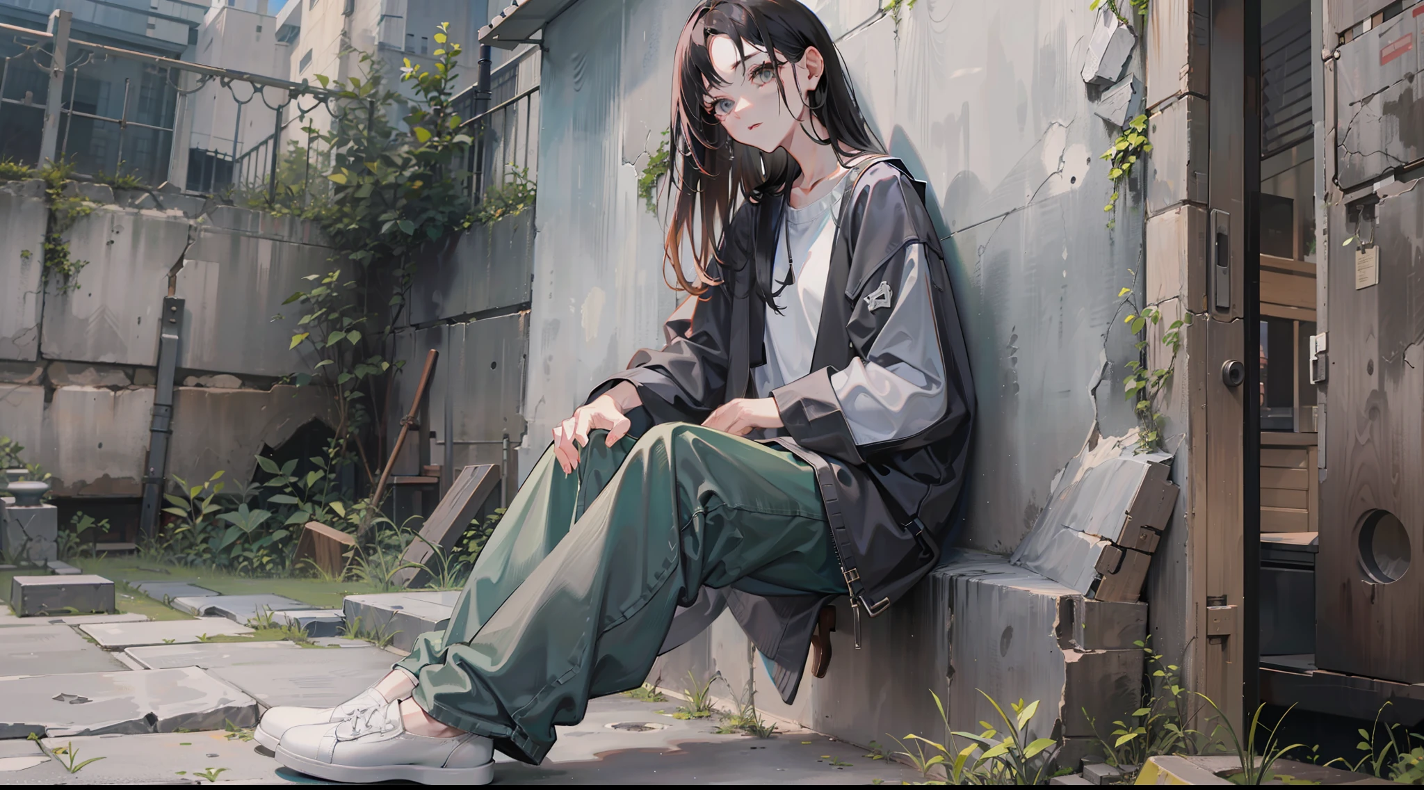 Woman sitting on chair in black top and jeans, Baggy pants, dressed with long fluent clothes, wearing a long flowy fabric, casual clothing style、 wearing a baggy, multilayered outfit, Silver and muted colors, Relaxed style, grey Clothes, Pants, baggy, Gray skin. grunge, Styling、Ruins、Buildings eroded by vegetation,hi-school girl、military outfits