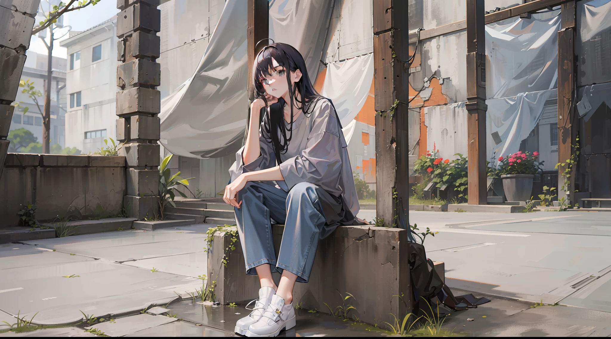 Woman sitting on chair in black top and jeans, Baggy pants, dressed with long fluent clothes, wearing a long flowy fabric, casual clothing style、 wearing a baggy, multilayered outfit, Silver and muted colors, Relaxed style, grey Clothes, Pants, baggy, Gray skin. grunge, Styling、Ruins、Buildings eroded by vegetation,hi-school girl、military outfits