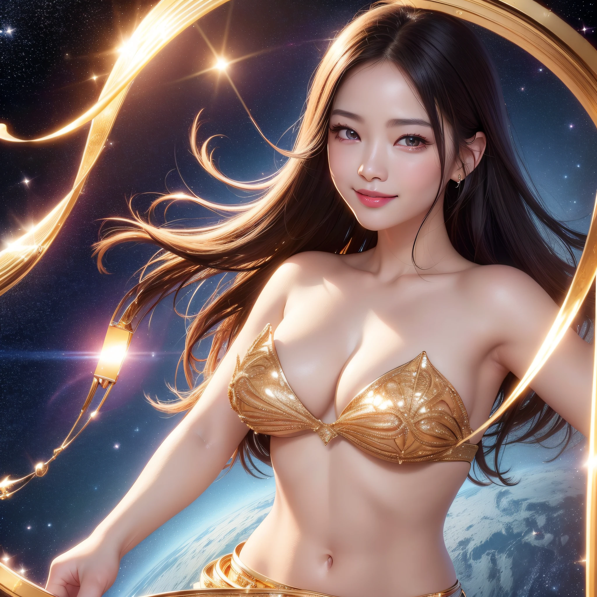 (At 8K、space photo、Highest quality resolution)、((8K、RAW Photos、Photorealsitic:1.25)A smile、shinny skin、Shiny Lip Gloss and Eye Gloss、Golden bristles)、depth of fields、Natural shading and wide range of lighting) Look softly, Euphoria like a goddess