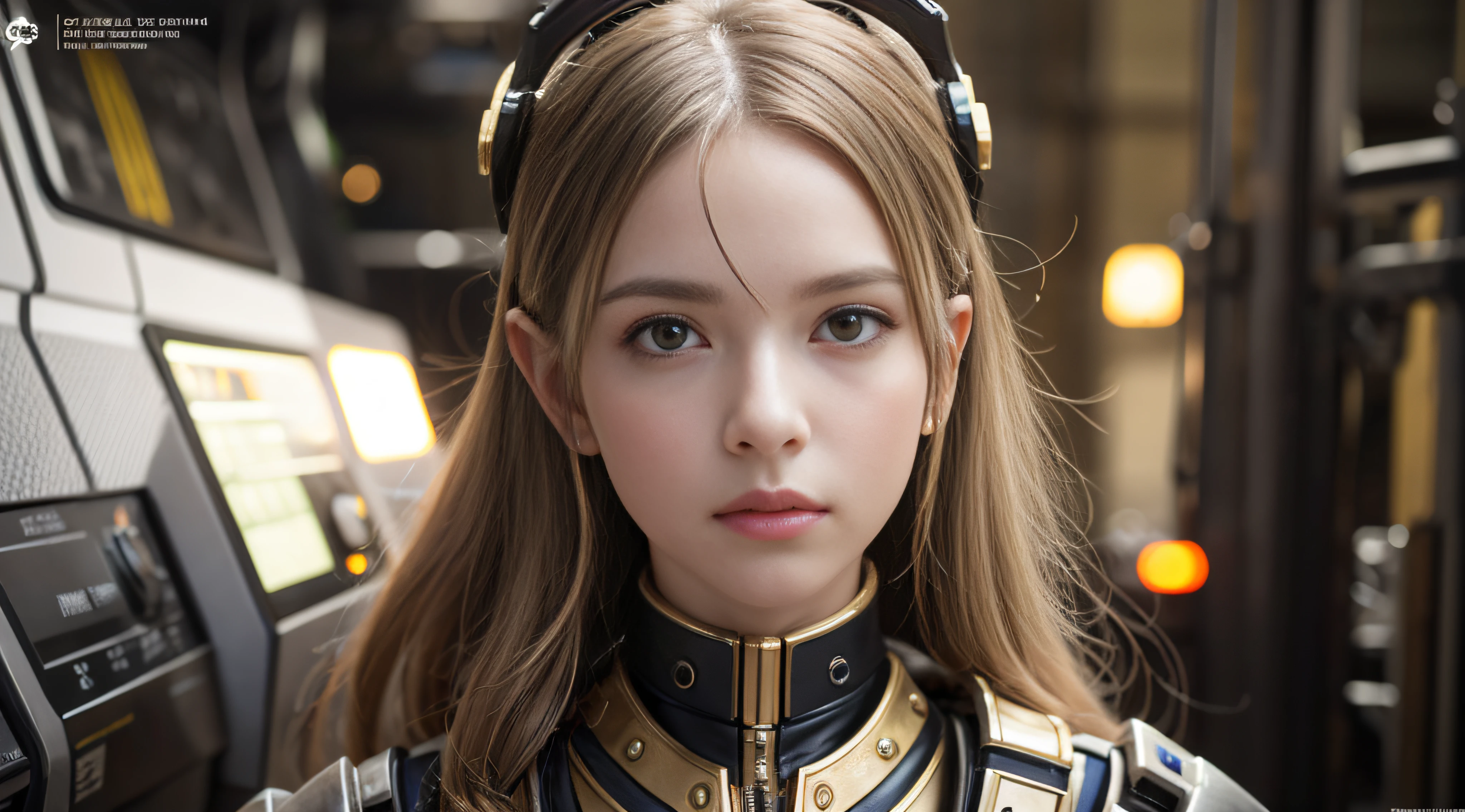 Qualidade Superior, Obra-Prima, ultra high-resolution, (Fotorrealista: 1.4), Foto Bruta, 1 Menina, Cabelo Preto, Pele Brilhante, 1 mechanical girl, (Detalhes Ultra Realistas)), Retrato, global ilumination, Sombras, Octane Rendering, 8K, Ultra Sharp, Grande, Pele Crua Exposta ao Clivagem, Metal, Detalhe de Ornamentos Intrincados, Detalhes Steampunk, Ogic meters, Engrenagens, Engrenagens, Golden hydraulic cylinders, Detalhes muito intrincados, Luz realista, CGSoation Trends, olhos roxos, olhos brilhantes, Facing the camera squarely, Neon details, machanical limbs, Blood Vessels Attached to Tubes, mechanical vertebrae attached to the back, mechanical cervical attachment to the neck, sentado, wires and cables connected to the head, Gundam, small LED lamps,