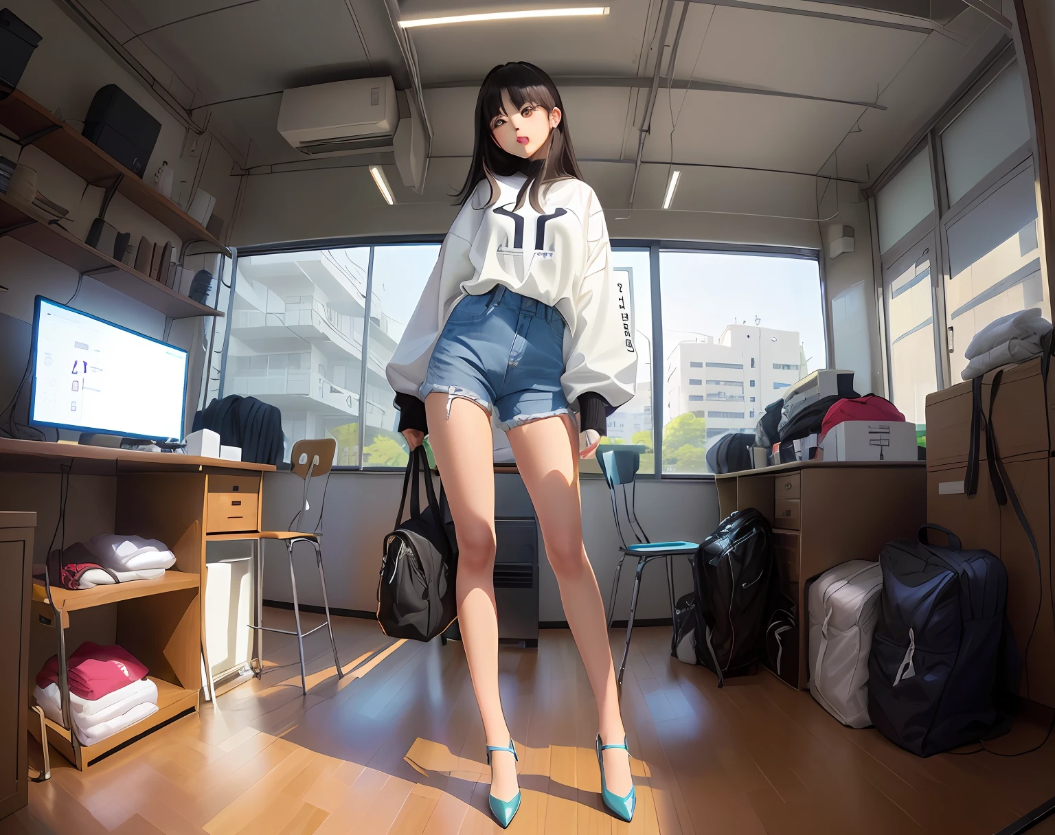 Change into slim white jeans.。