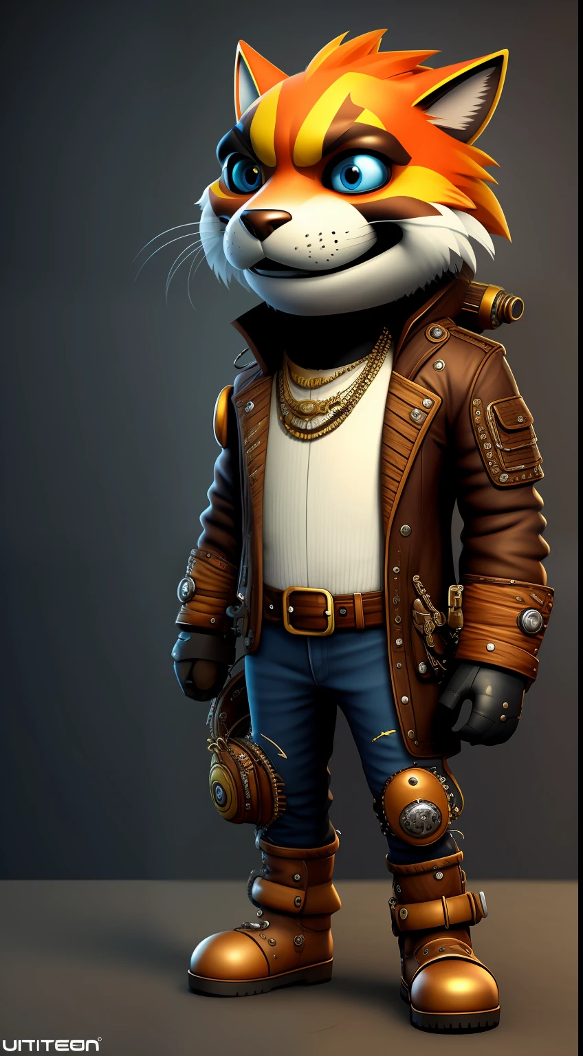 Fantz cartoon (creature:0.5)|(tiger:0.5) design, ultra detailed, random colors, steampunk, and punk costume,happy,background easy to remove font
