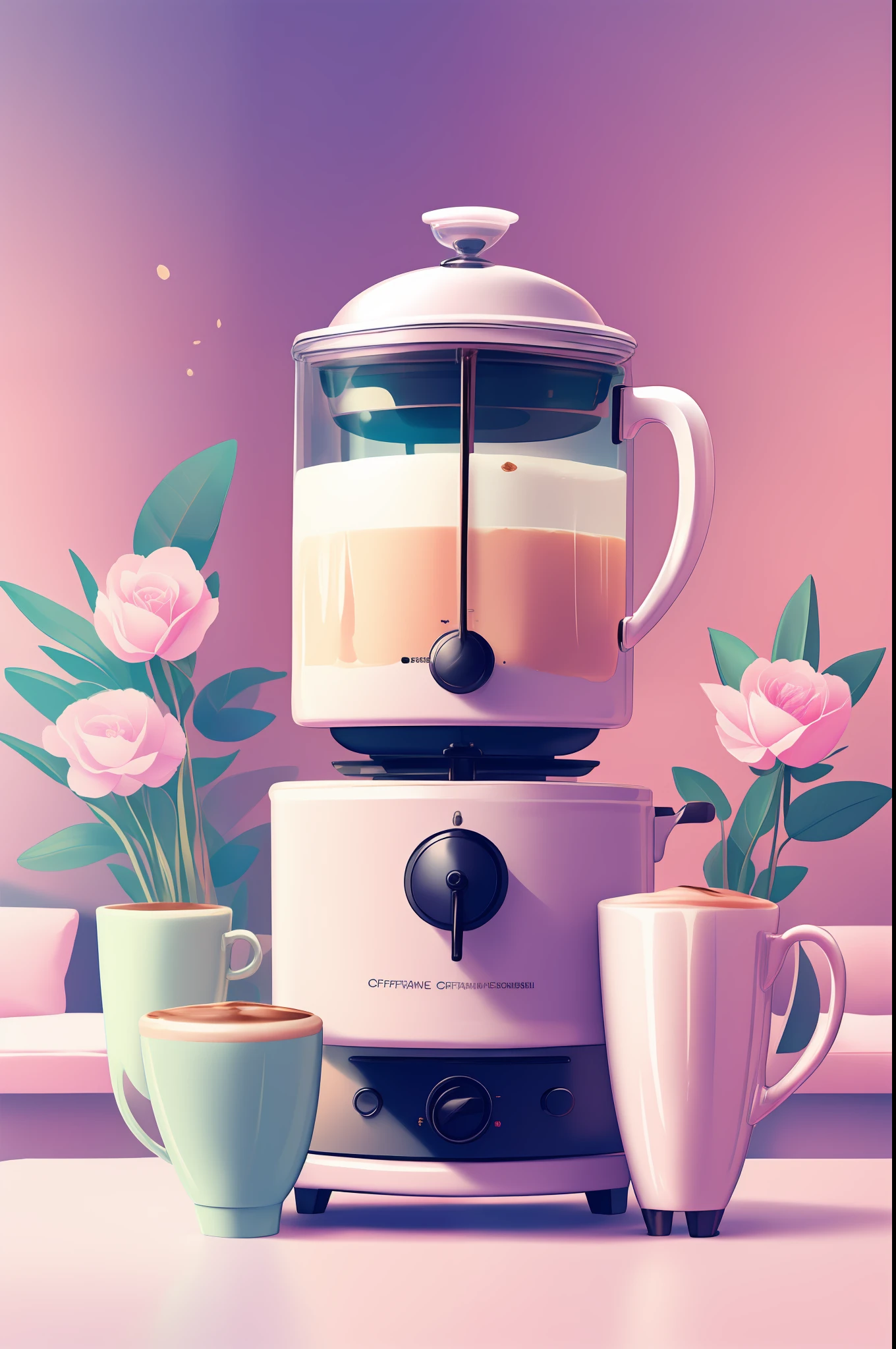 Close to coffee in an elegant cup,  cappuccino, milk, Flowers, morning, Coffee table,higly detailed,  Octane Render, Studio,  cafes, coffee pot,a cup, Statuettes,  bright neon, Perfect, Peony roses,  Irises, Violets