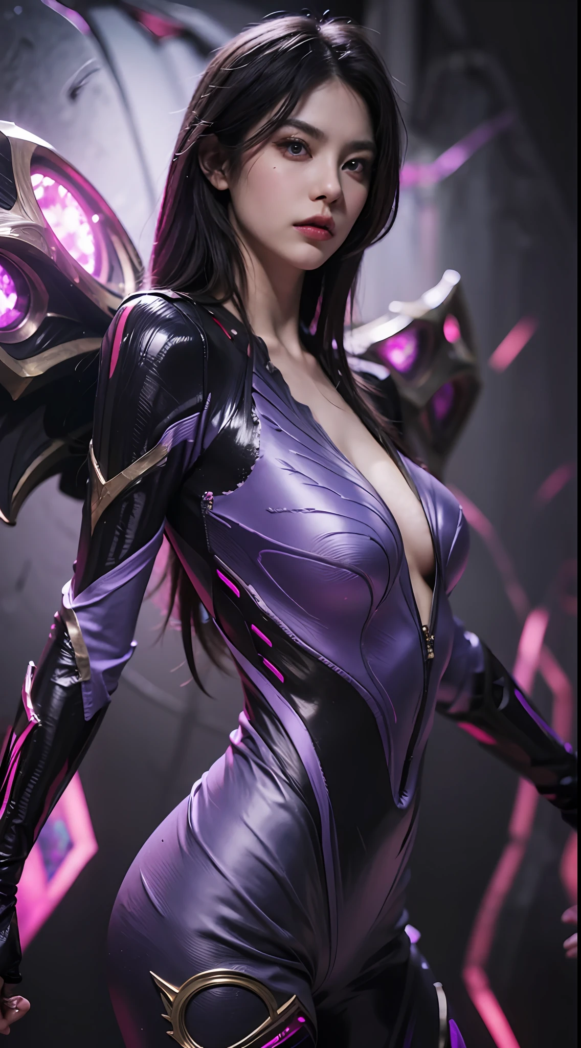 a perfect face, beatiful face, perfect hand, 1girl, Kaisa, League of Legends, Kemi, Purple wings, dark violet hair, violet eyes, serious expression, Strong glare, looking at the viewer, At the back, (dynamicpose), (Wings of the Void), arma, Masterpiece, extremely detailed CG unity 8k wallpaper, Best Quality, 12), Clear Focus, Cyber City, neon lights, Aperture, A black hole in the background, Purple leather pants