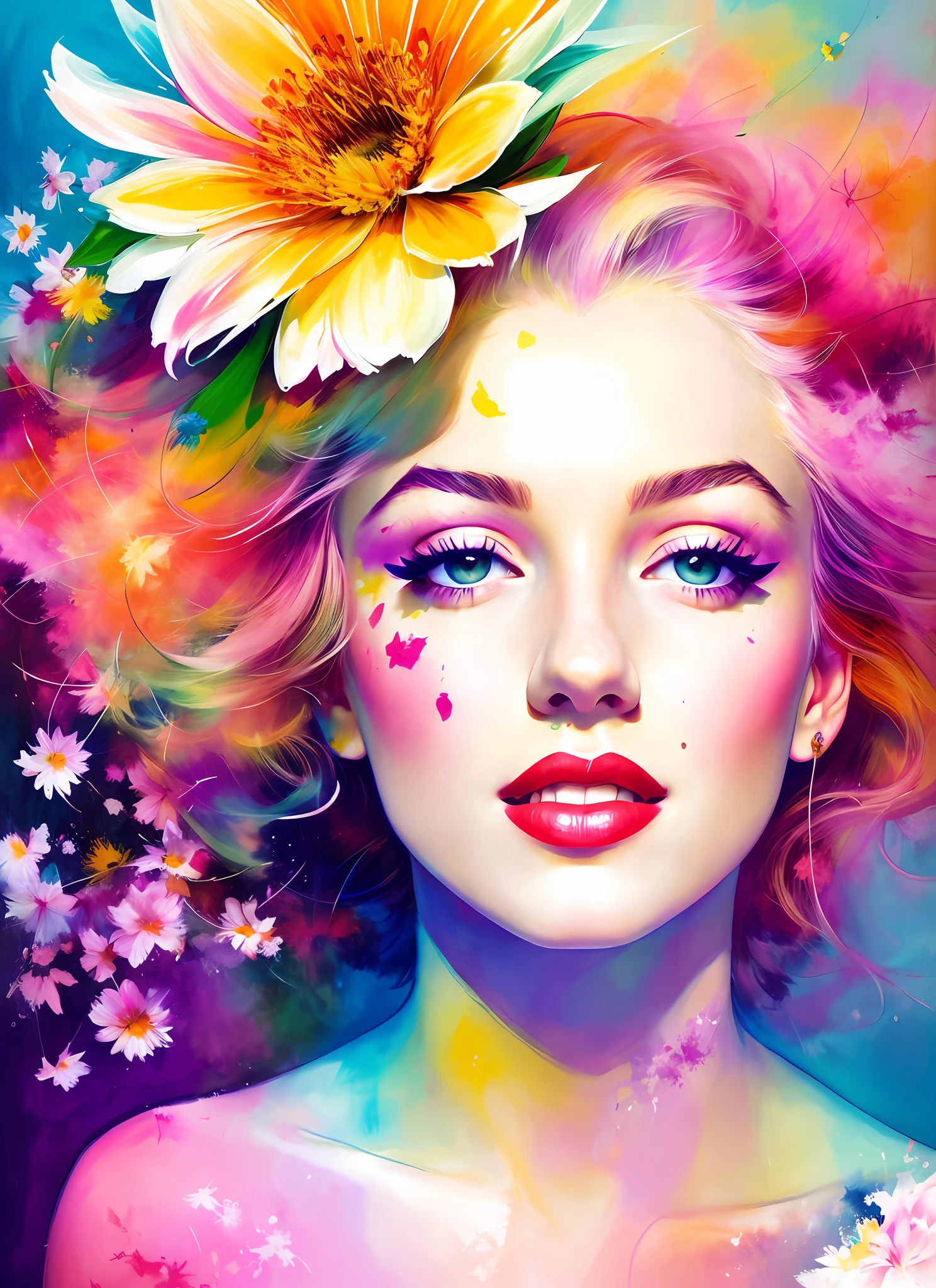 a painting by mse Marilyn Monroe by agnes cecile,1 girl, solo,face among the flowers, luminous design, pastel colours, mute color,  ink drips, autumn lights, Create a digital art work in pop art style, featureing a vibrant and confident woman with bold makeup and colorfull fashion, cover with flowers on hair, cinematic color scheme, surrounded by abstract flower patterns,flowers backgroung, energtic brush strokes, the mood should be dynamic.