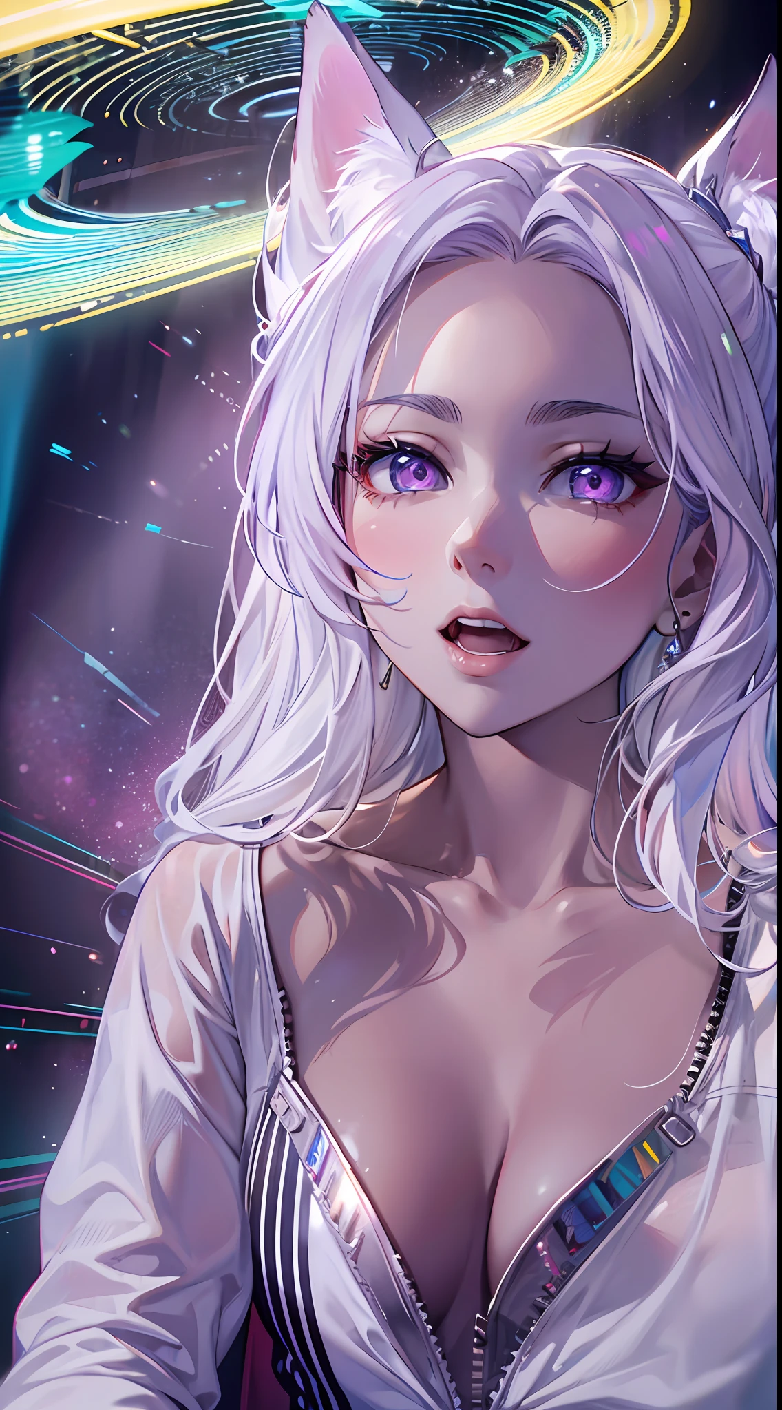 ((Masterpiece)), best quality, absurderes, ultra detailed, holographic, cowboy shot, dynamic pose, golden ratio, super cute girl, mature girl, extremely beautiful, super beautiful Asian girl with super beautiful violet eyes, super beautiful white hair, shiny skin, high ponytail, nice and sexy body, slim and delicate body, perfect body, wearing a super tight white leotard, a neon cat diadem, being photographed in an alien spaceship