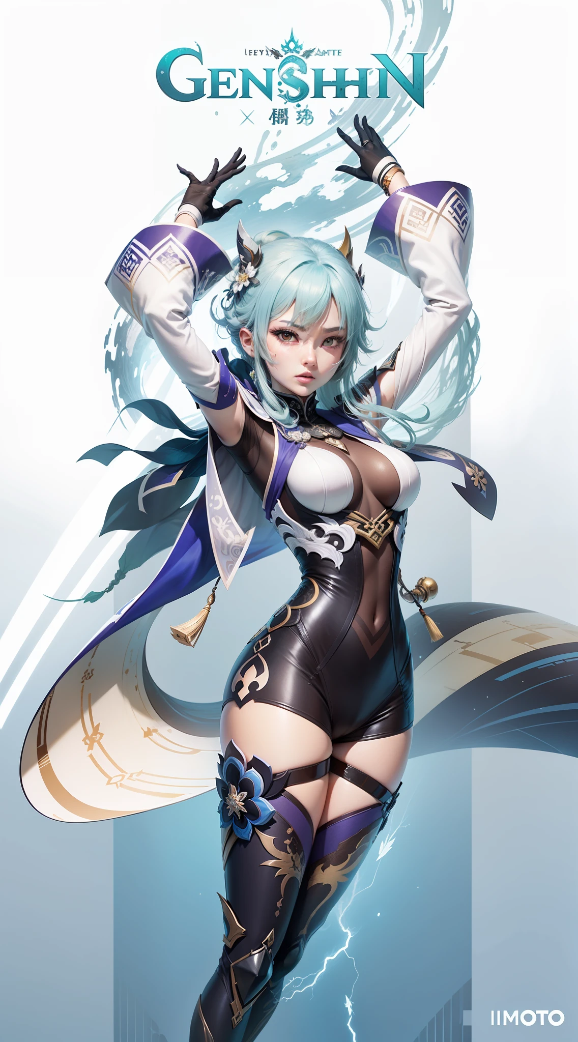uma imagem de desenho de uma mulher em uma roupa branca e azul, Impacto Genshin, Xianxia de corpo inteiro, Zhongli, Impacto Genshin, ayaka jogo genshin impacto, arte detalhada Onmyoji, corpo inteiro branco roxo manto, Roupas de bruxa astral, Personagem Impacto Genshin, Realismo, Sunset, HDR, fotorRealismoo, Realismo de anime, heaven, lightnings, eletricidade, mona genshin impacto, ....3d , japonese, realismo, Beatyfull, efeitos vx, anime girl, Background Story --auto