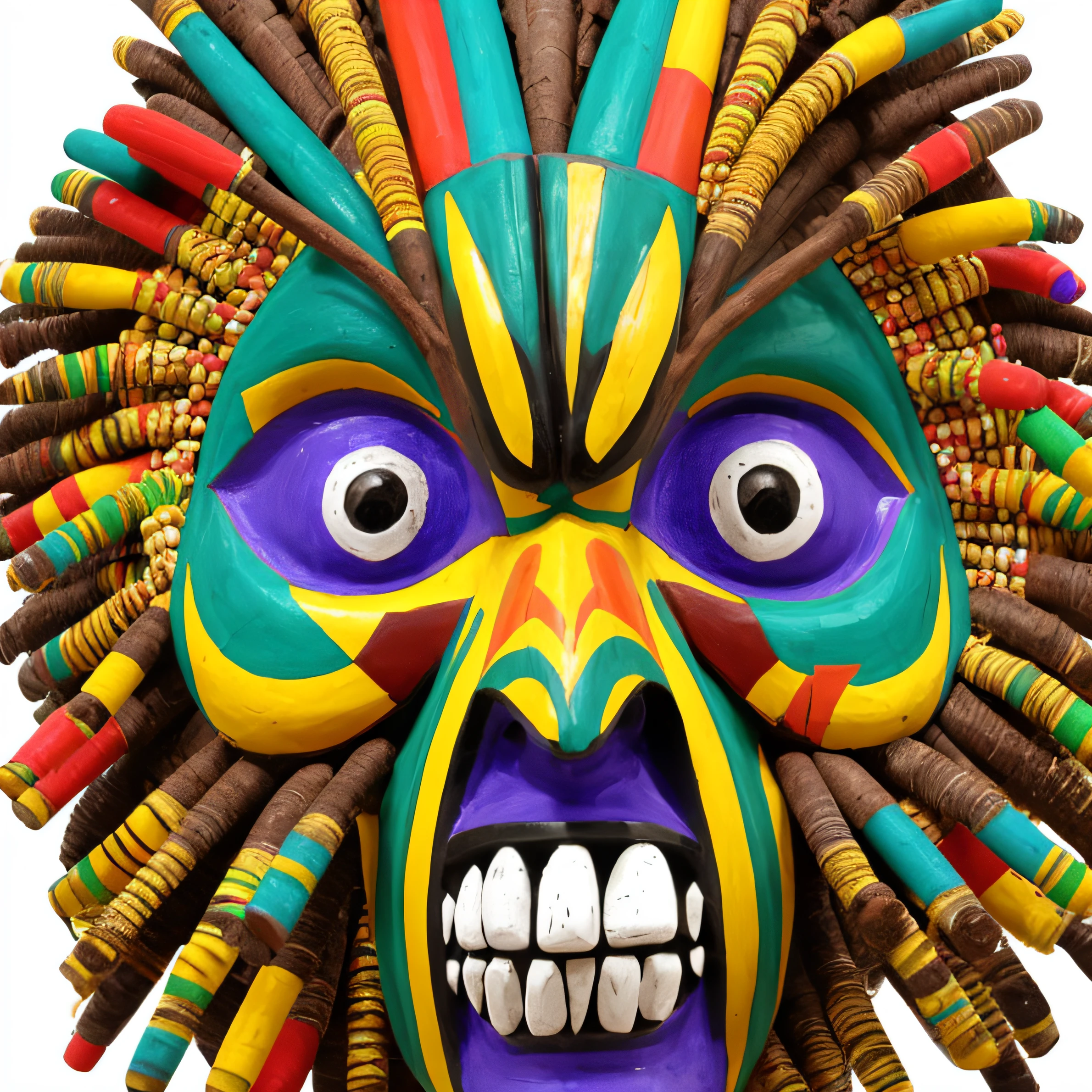Create a super colorful African tribal mask with lots of details, fundo branco, 8k, melhor qualidade, imagem profissional, sem sombras, cores vivas, imagem realista