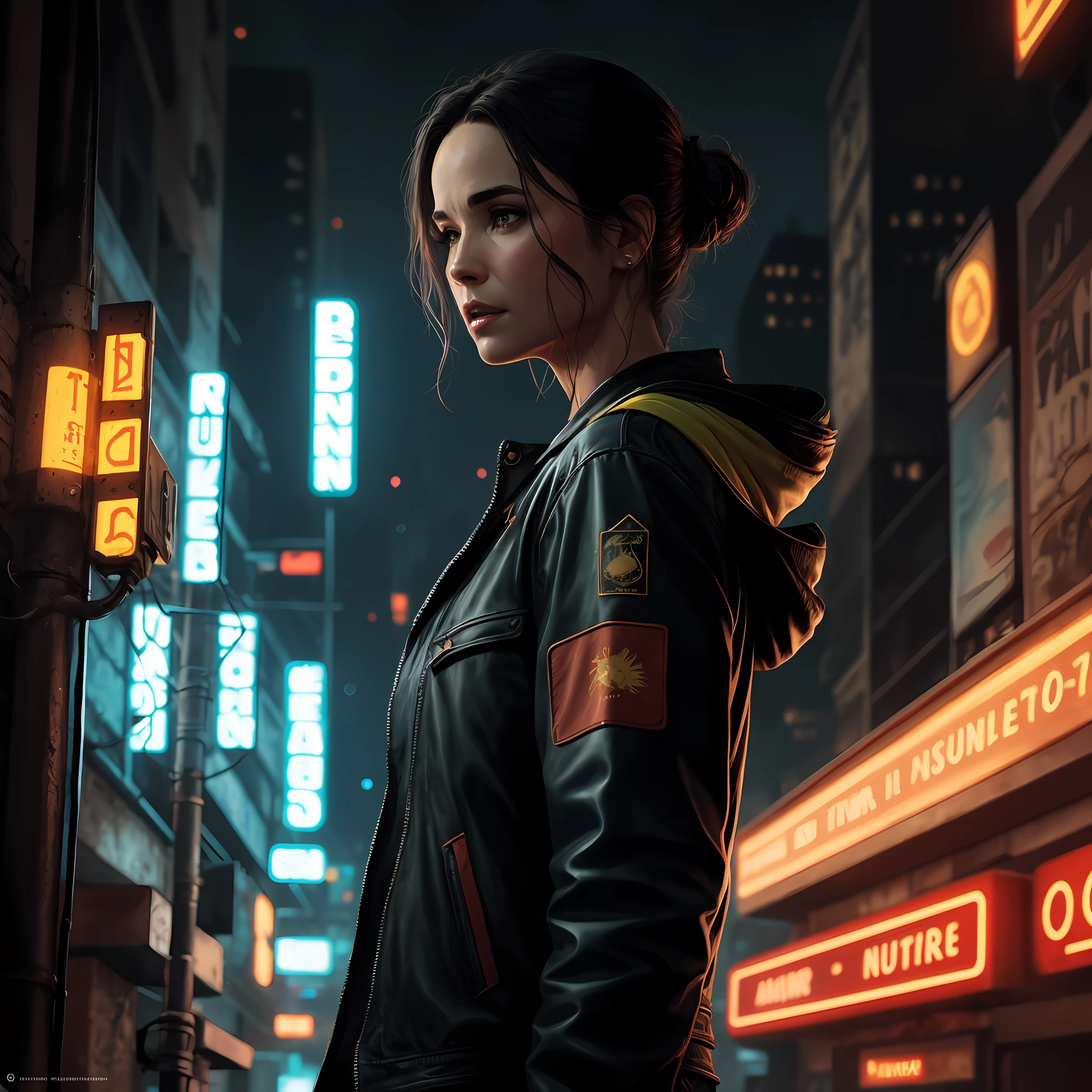 Close-up, neve, blade runner aesthetics, Jantar Blade Runner, uma supermodelo jennifer connelly muito bonita e jovem, com roupas cyberpunk em uma cidade cyberpunk movimentada com placas de neon, neon lights, foco nítido, Studio photo, detalhes intrincados, altamente detalhado, profundidade de campo, foco nítido, High detail, textura de pele realista, Realistic, fotorrealista, Arte Digital, tinta escura, Directed by: Greg Rutkowski