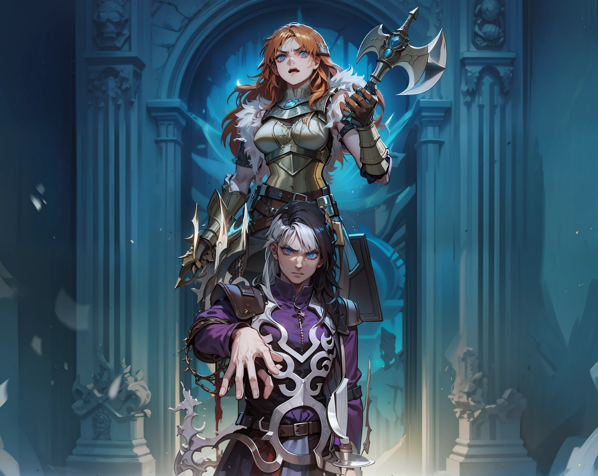 Brown-skinned Necromancer Man and Raging Nordic Viking Warrior at an Ice Gate Ghost Dark Fantasy Dark Lighting 8k