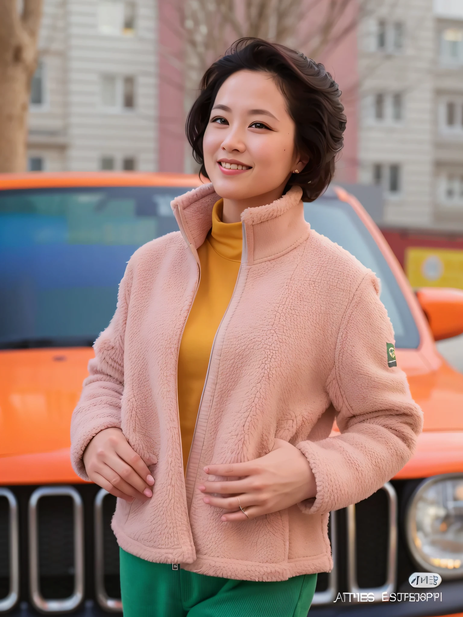 Woman in pink jacket and green pants standing in front of the car, Jackie Tsai style, Inspired by Tang Yifen, warm color clothes, inspired by Yao Tingmei, 8K)), inspired by Gu Zhengyi, inspired by Liu Haisu, author:Emma Andievska, inspired by Lü Ji, inspired by Wang Lü,Retina screen,Vertical painting shadows,Perspectiva subjetiva,atmospheric distance sense,hyper HD,Textured skin,HighestQuali,high detal,The eyes are bright and alert,Ray traching,Multiple monochromes,Cinematic lighting effects,Smile confidently,Star temperament --auto