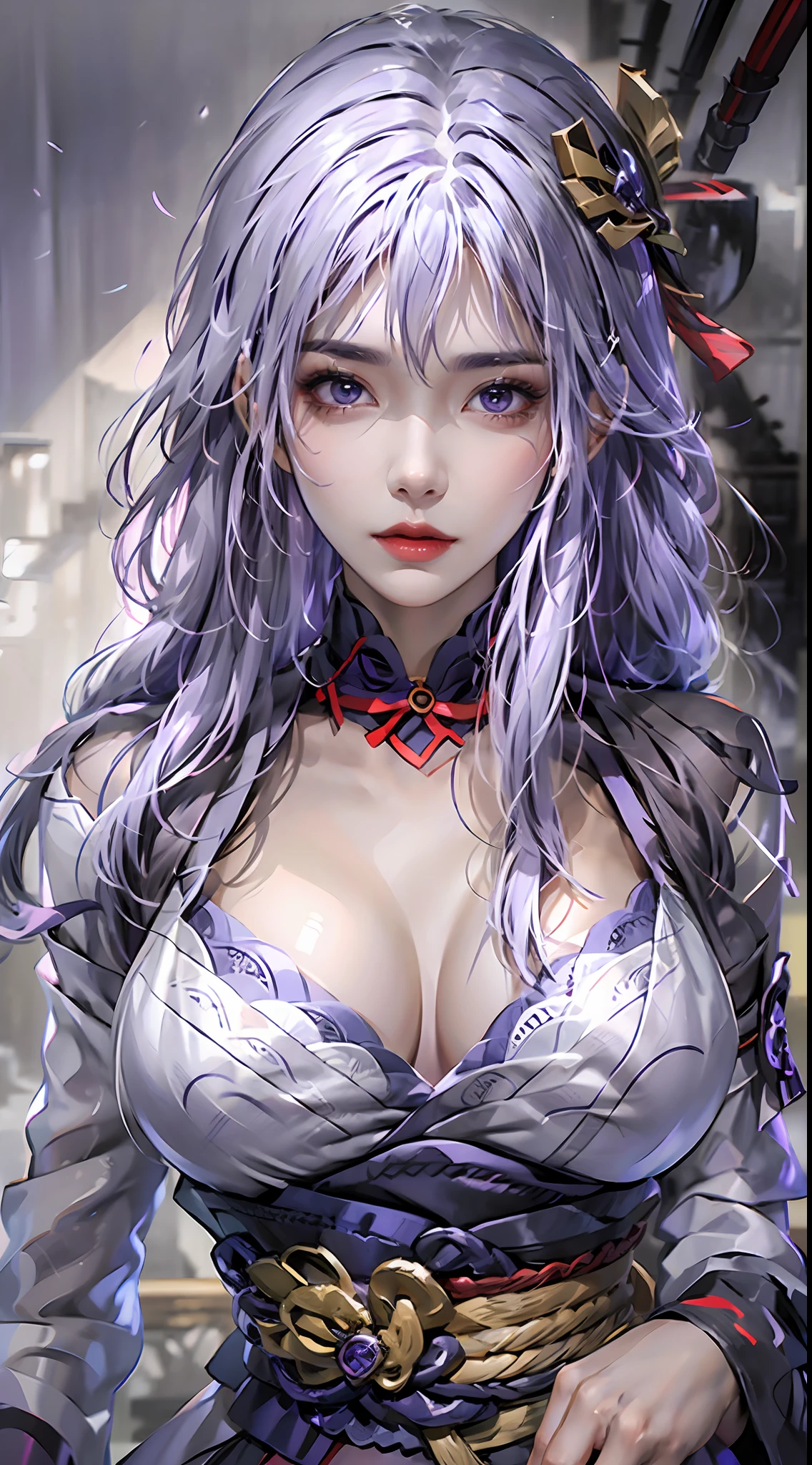 photorealistic, high resolution, 1 girl, white purple hair, beautiful eyes, normal breast, raiden shogun costume