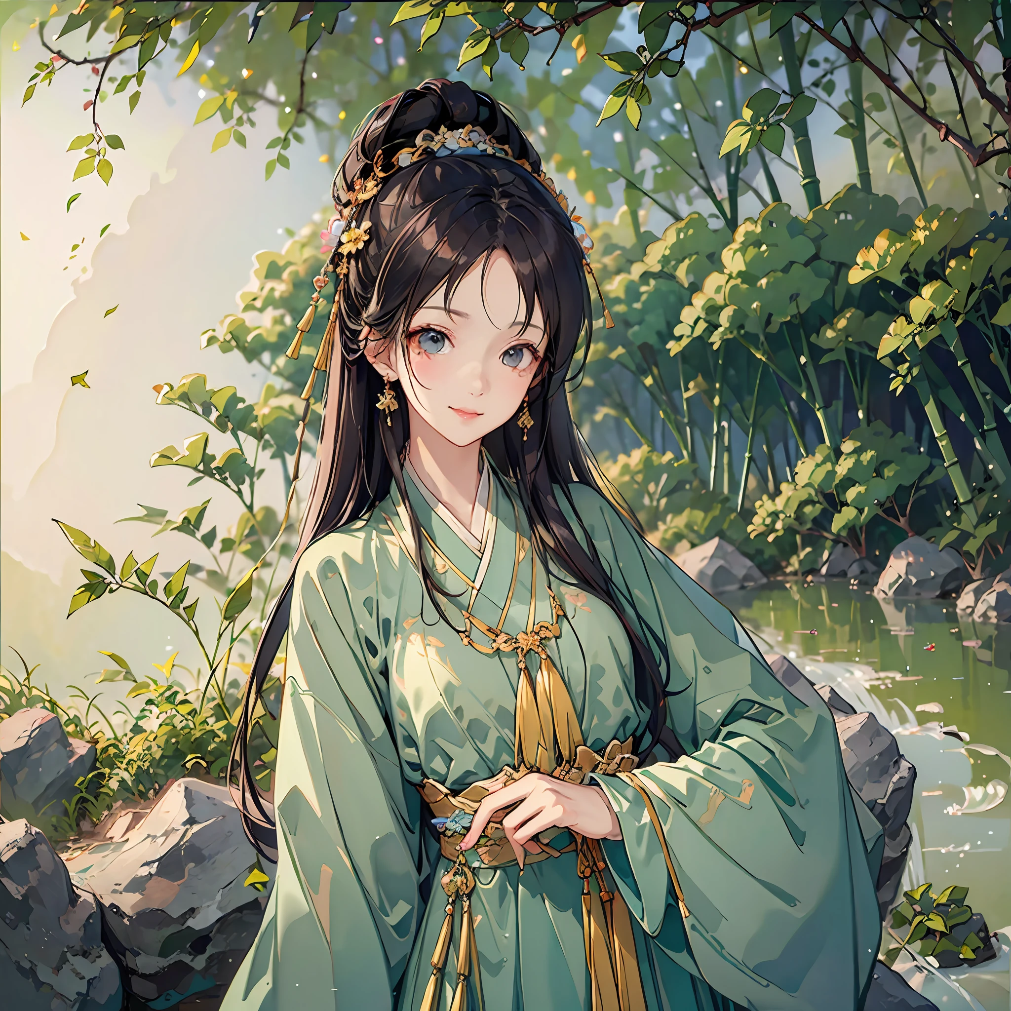 (Masterpiece), best quality, good anatomy, ink bissim, behind arms, (1 girl: 1), (upper body), (smile), short hair, (hanfu), (Edgey 0.5), (trees: 0.5), (flowers: 0.6), (wooden house: 0.2), (bamboo forest: 0.2), (stream: 0.2), (river: 0.2), --auto