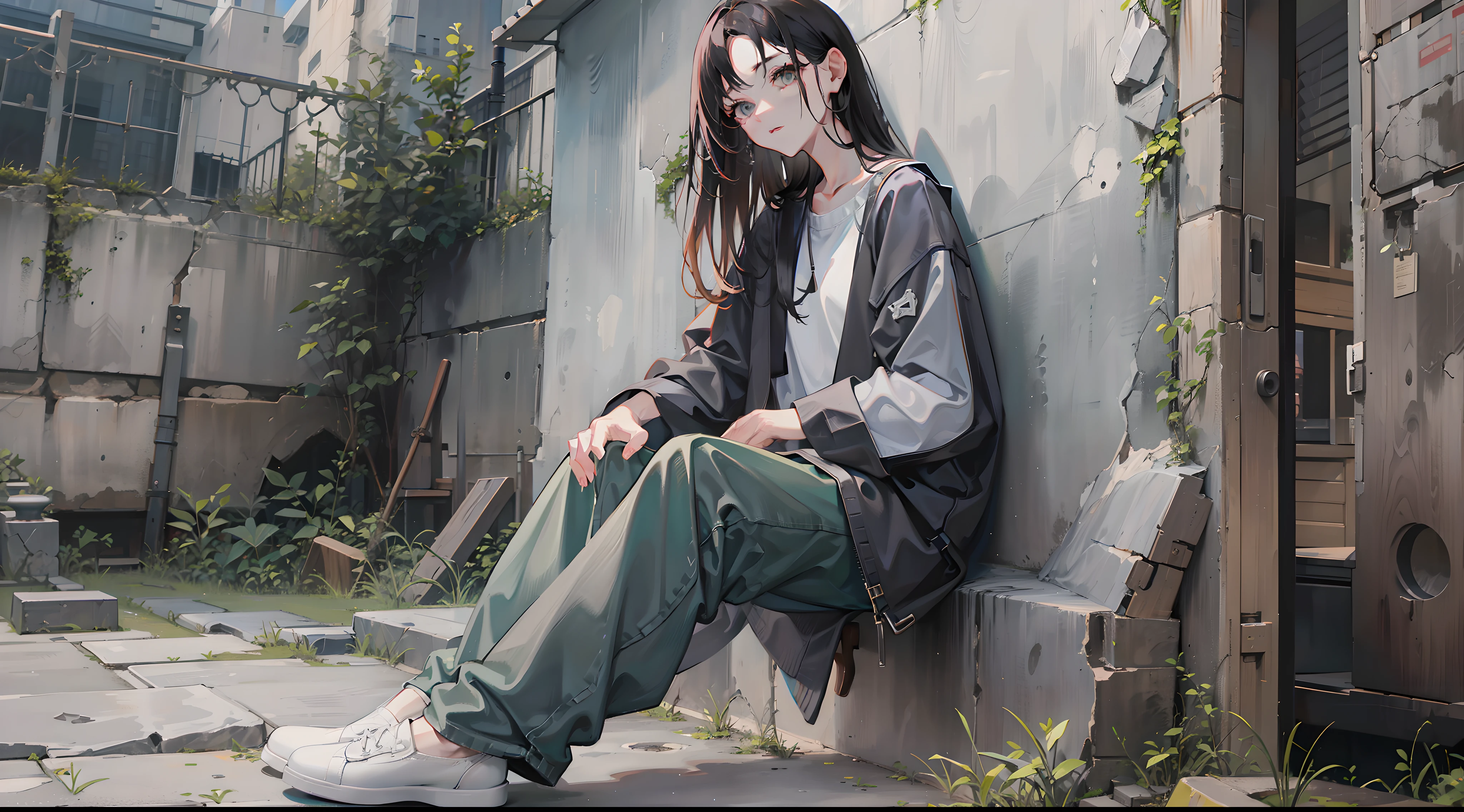 Woman sitting on chair in black top and jeans, Baggy pants, dressed with long fluent clothes, wearing a long flowy fabric, casual clothing style、 wearing a baggy, multilayered outfit, Silver and muted colors, Relaxed style, grey Clothes, Pants, baggy, Gray skin. grunge, Styling、Ruins、Buildings eroded by vegetation,hi-school girl、military outfits