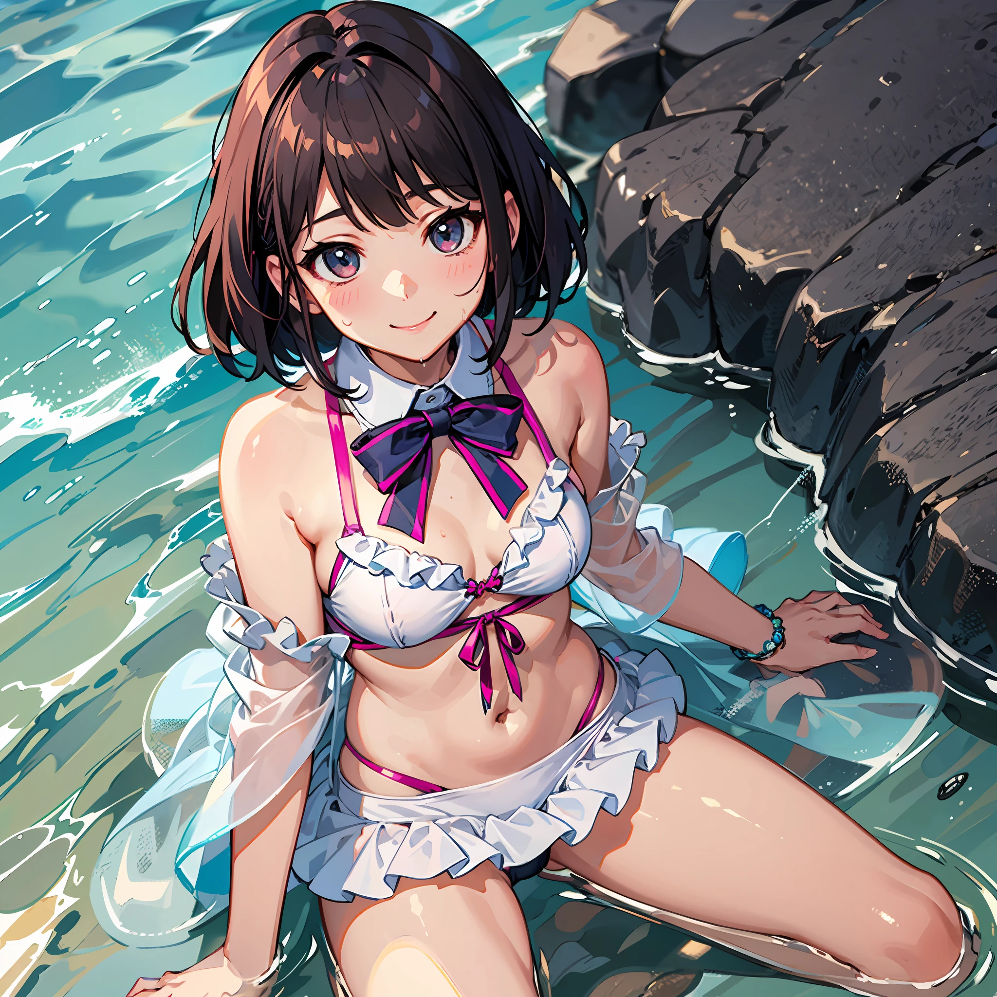 slimming women pink kawaii swimsuit with ruffles (wet wear:1.0) Bangs Short Bob Do Smile 1 Person Beach