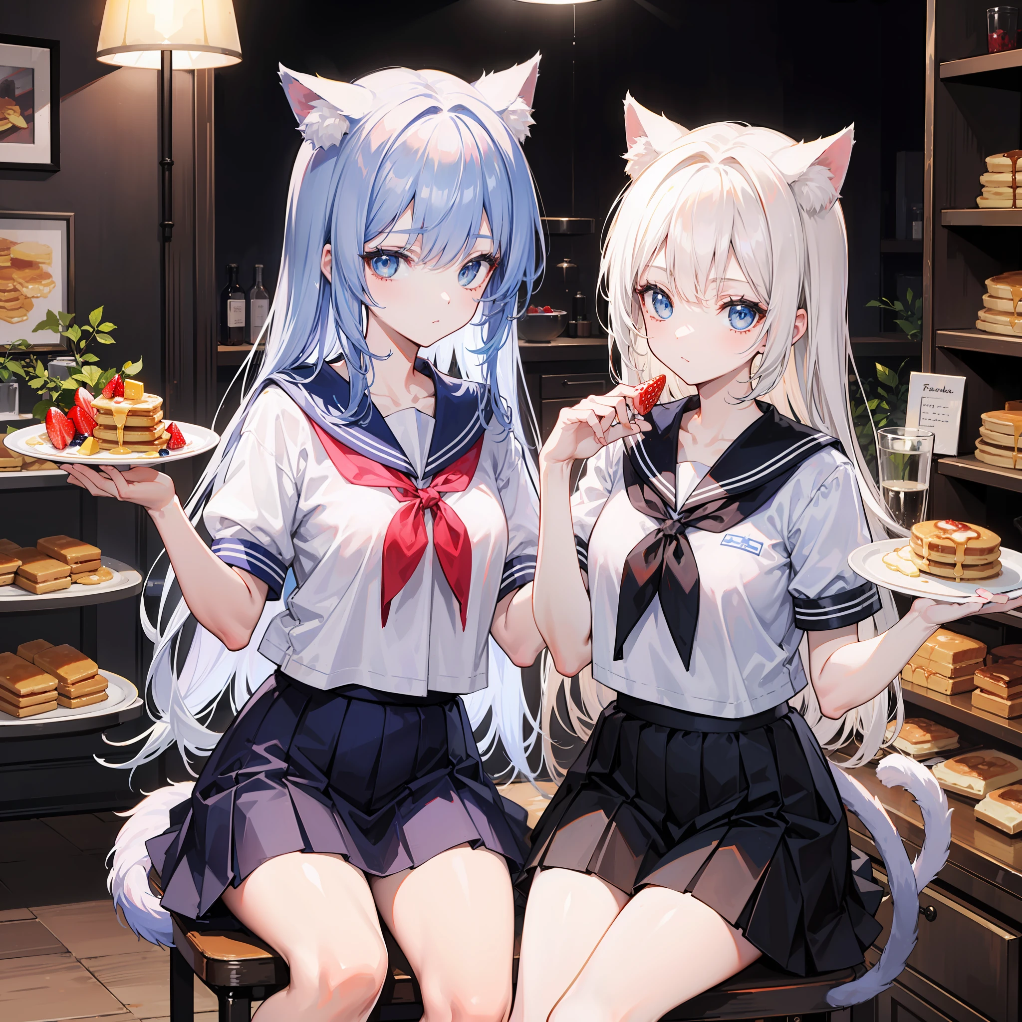 masutepiece,Best Quality,ultra-detailliert,Two hands,Two legs,Five Fingers,best faces,1 girl,Light blue long hair,timid,Cat ears,pale blue eyes, Height 145cm,small tits,Cat tail,a sailor suit,white t-shirts,a black skirt,Strawberry pancakes on a plate, blueberry, whipped cream,syrup,Bringing light into the eyes,Fashionable store,Western style,Sitting on a chair,Take a photo of the pancake
