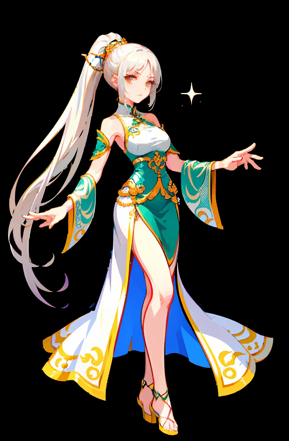 (offcial art：1.5，品质最佳，finedetail)full bodyesbian，Beautiful white girl，Chinese mythology style fantasy world costume，white  skirt，Long, Flowing white hair，Very long ponytail，refined demeanor，A faint sad expression，Heroic，The body is graceful，beautifullegs，perfect bodies，Elegant and flowing。